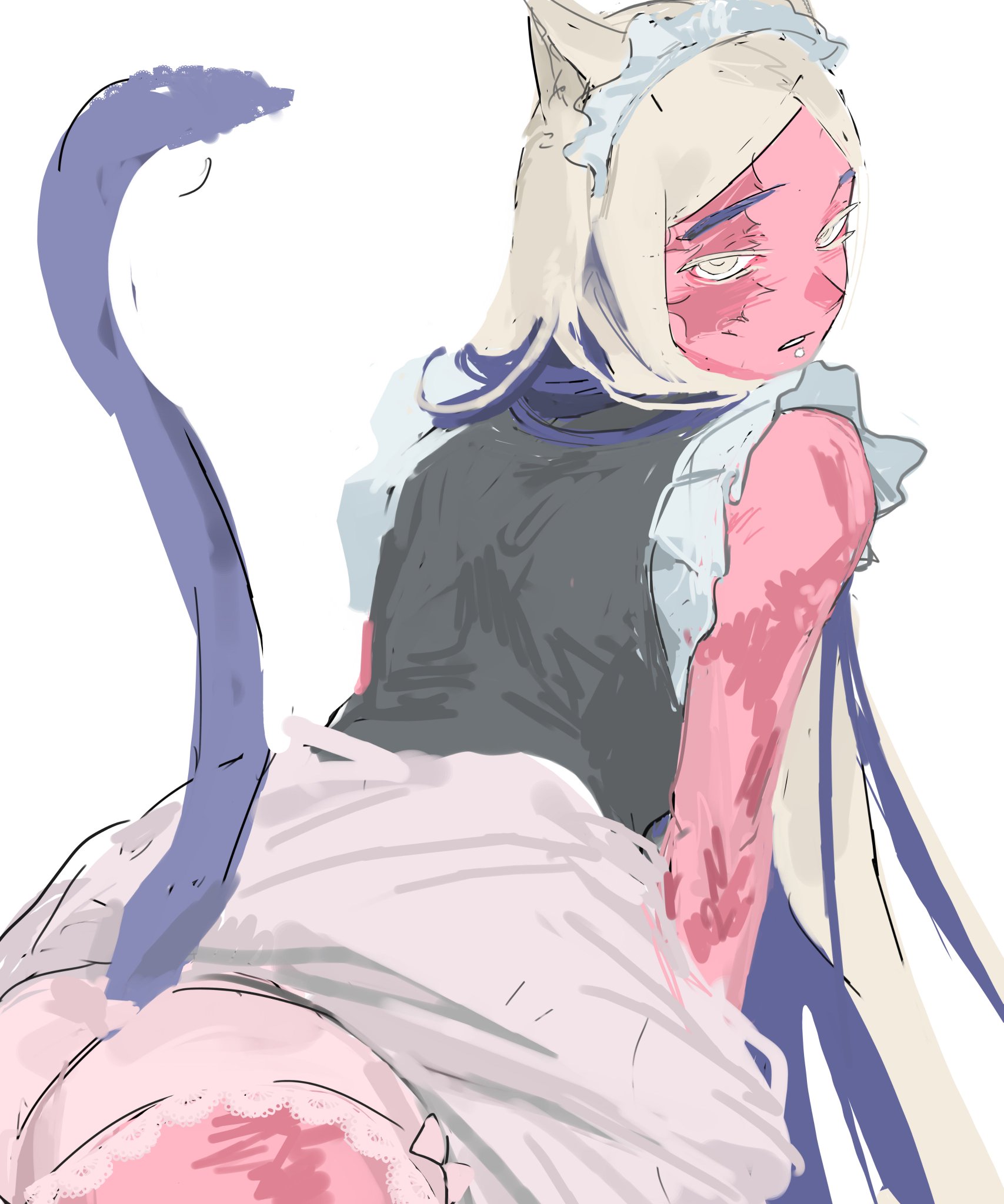 cat ears, cat tail, catboy, gachiakuta, lace, lace trim, looking at viewer, looking back, maid, male only, sketch, skirt lift, tamsy caines