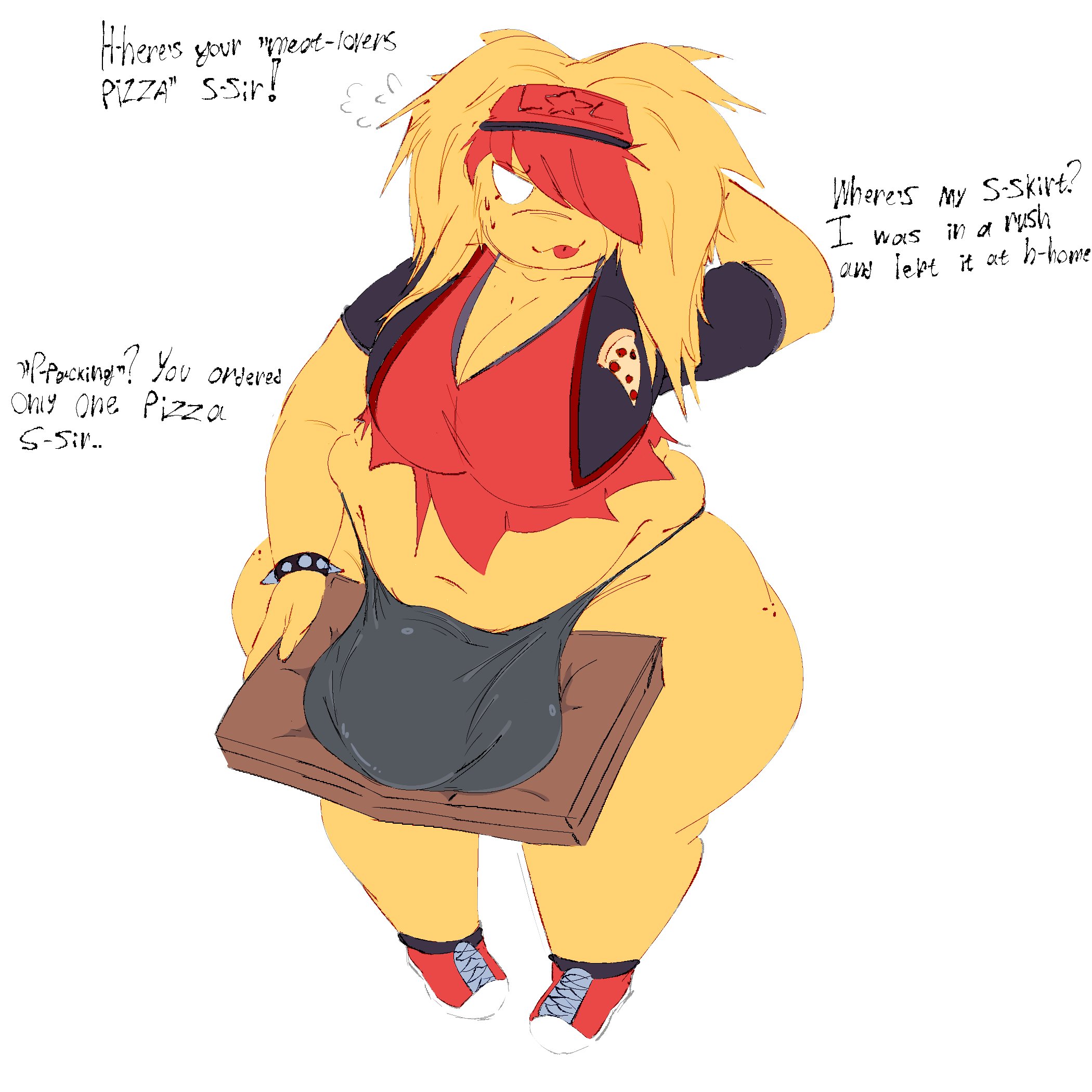 :p, 1female, 1futa, arm behind head, arm bracelets, belly, big breasts, black bottomwear, black clothing, black topwear, bottom heavy, bottomless, bracelet, bracelets, breasts, bulge, bulge through clothing, chubby, cleavage, clothed, clothing, cock, dialogue, digital art, digital drawing (artwork), digital media, digital media (artwork), elliot (forsaken), english text, forsaken (roblox), front view, full body, futa only, futanari, genderswap (mtf), genderswap (mti), holding object, huge balls, huge breasts, huge cock, humanoid, large penis, messy hair, no pants, panties, partially clothed, penis, pizza, pizza box, pizza delivery, red accents, red clothing, red hair, red shoes, red topwear, roblox, roblox game, robloxian, rule 63, scenecore, scenecore elliot, shoes, slightly chubby, solo, solo female, spiked bracelet, standing, tagme, text, thick thighs, thighs, tongue, tongue out, torn clothing, tummy, white eyes, wide hips, yellow body, yellow hair, yellow skin, zavie (forsaken), zoe artz