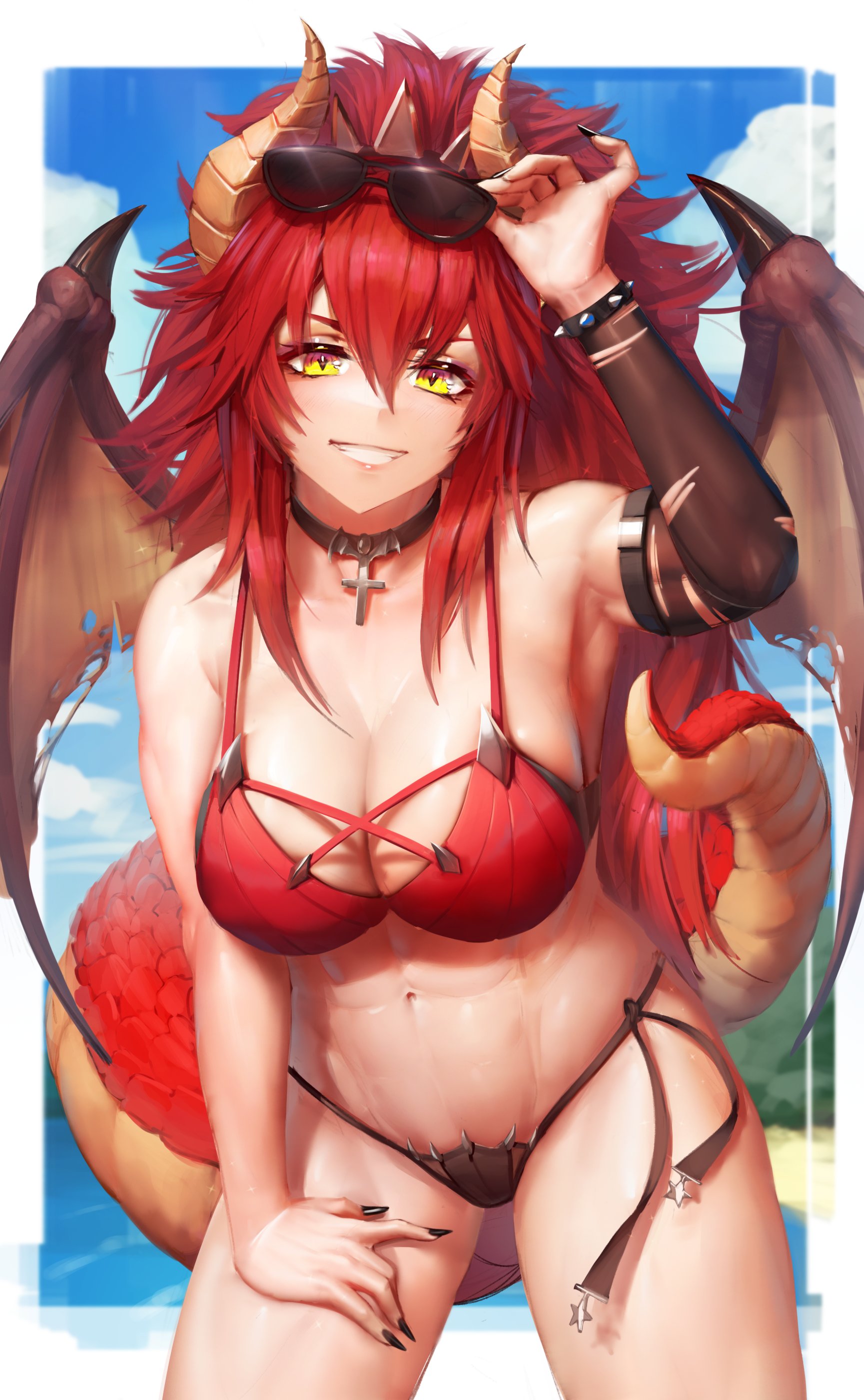 1girls, abs, absurd res, beach, bikini, bikini bottom, bikini top, breasts, choker, cleavage, dragon, dragon girl, dragon horns, dragon tail, dragon wings, female, female only, horn, large breasts, leaning forward, light skin, light-skinned female, numanoan, pointy ears, red hair, sharp fingernails, solo, solo female, solo focus, sunglasses, sunglasses on head, tail, thick thighs, virtual youtuber, vshojo, wings, yellow eyes, zentreya