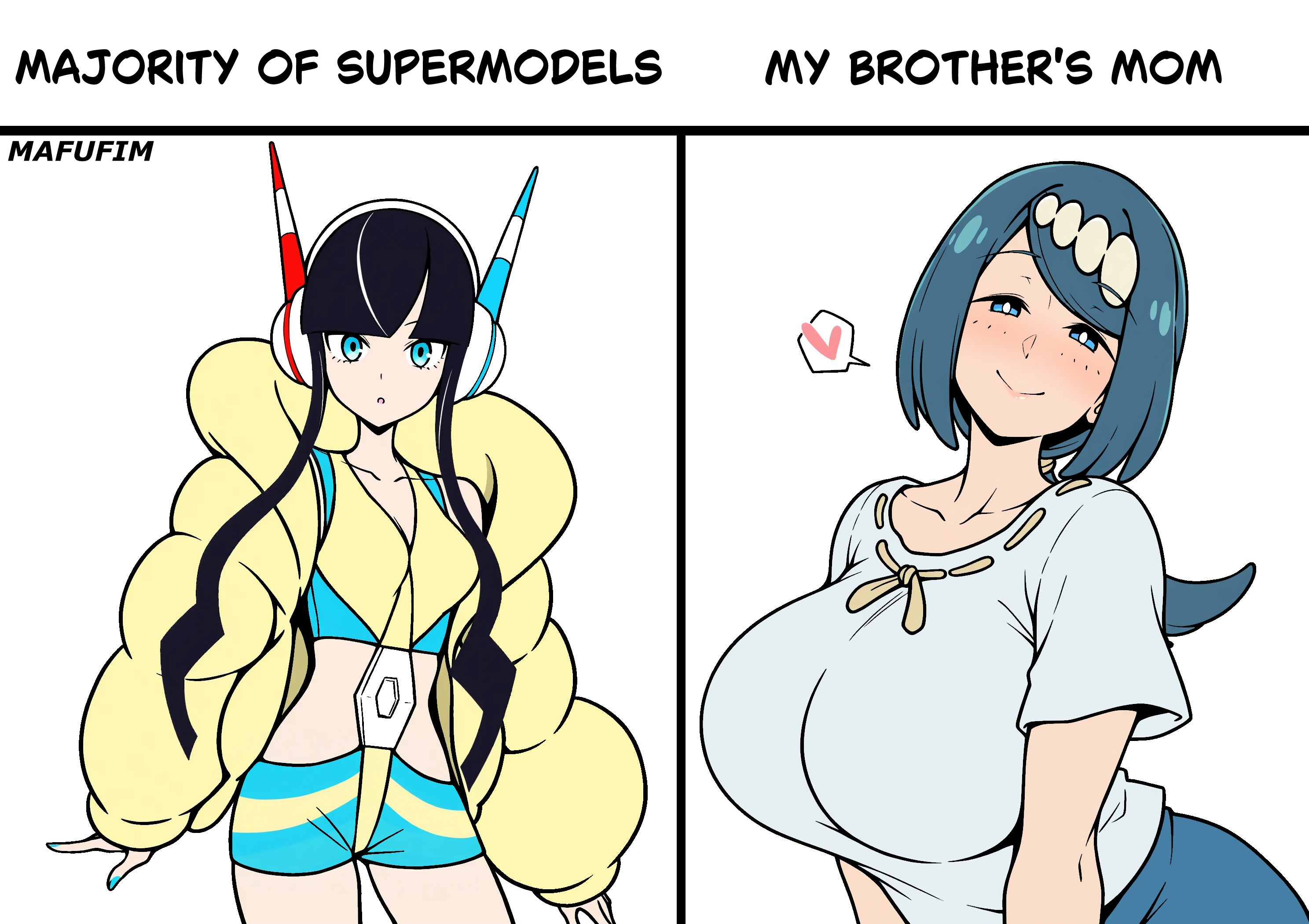 2girls, bangs, big breasts, black hair, blue eyes, blue hair, blush, breasts, clothing, elesa (pokemon), english text, female, female only, heart, huge breasts, lana's mother (pokemon), long hair, looking at viewer, mafufim, meme, nintendo, pokemon, pokemon (anime), pokemon bw2, pokemon sm (anime), shorts, smile