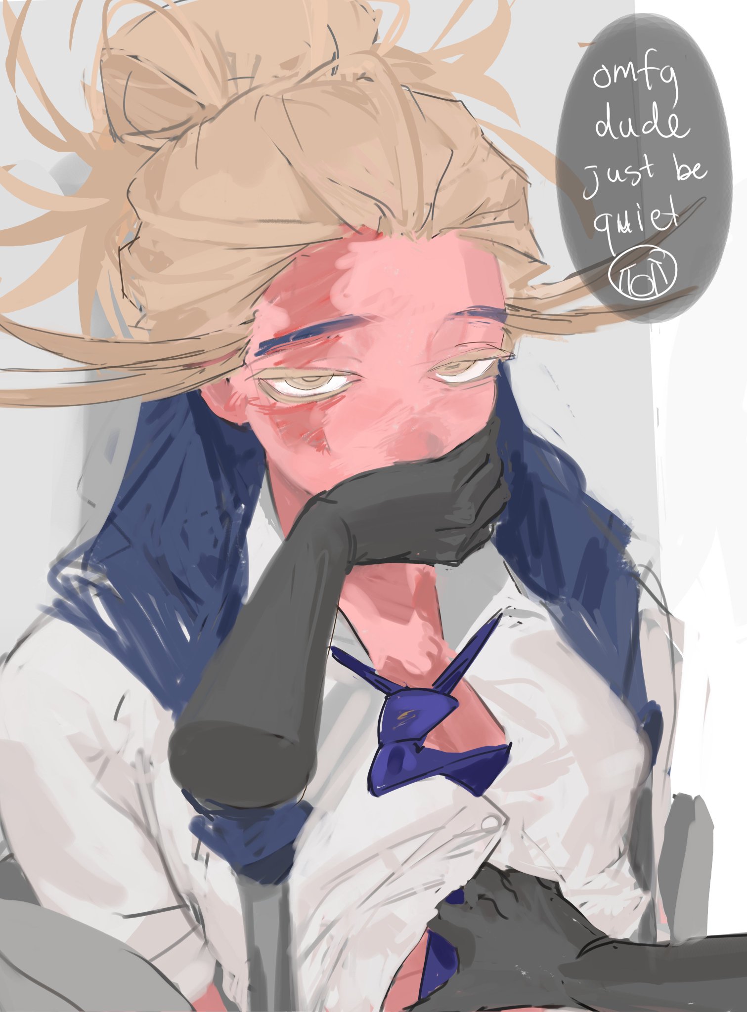 blush, gachiakuta, hand over mouth, lifting shirt, looking at viewer, male only, tamsy caines, tie
