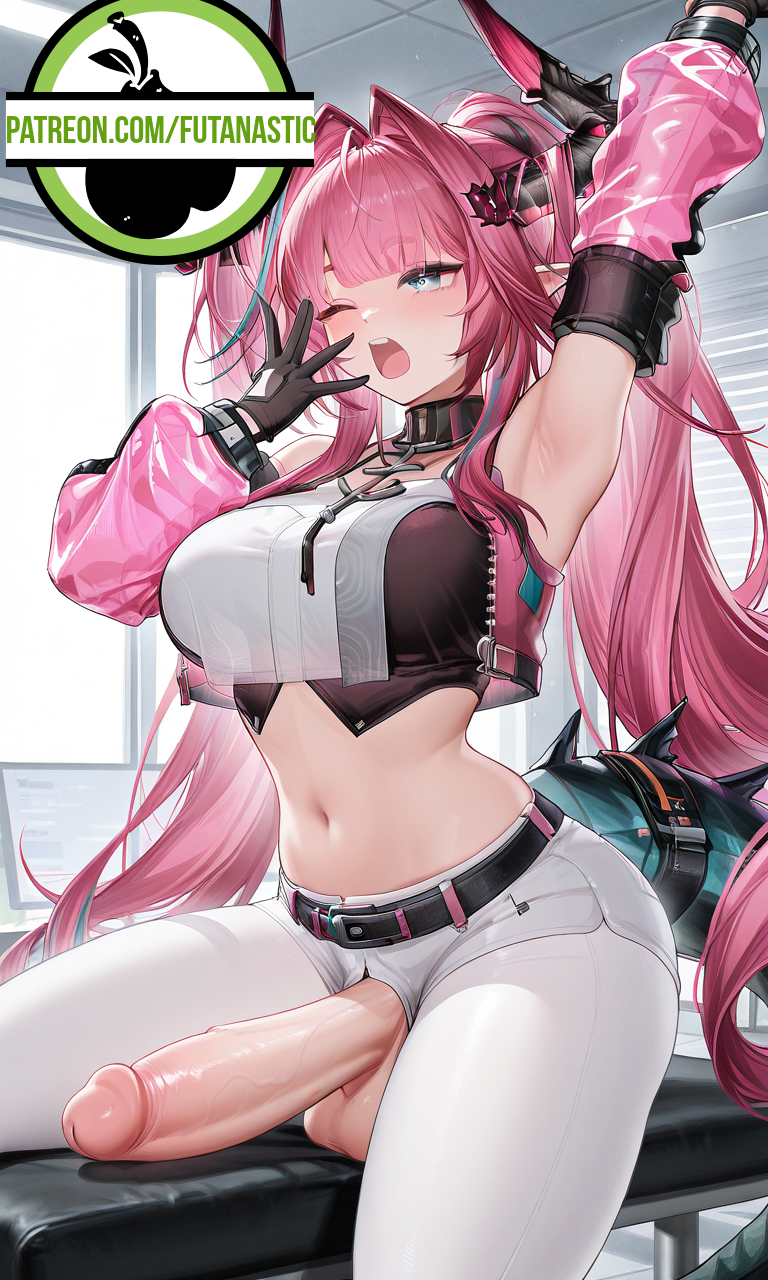 1futa, ai generated, animal humanoid, arknights, arknights: endfield, armpits, big penis, blue eyes, crop top, futa only, futanari, futanastic, gloves, horns, huge breasts, huge cock, jacket, jacket open, patreon username, pink hair, solo futa, stretching, tail, thick thighs, twintails, voluptuous, voluptuous futa, yawn, yvonne (arknights: endfield)