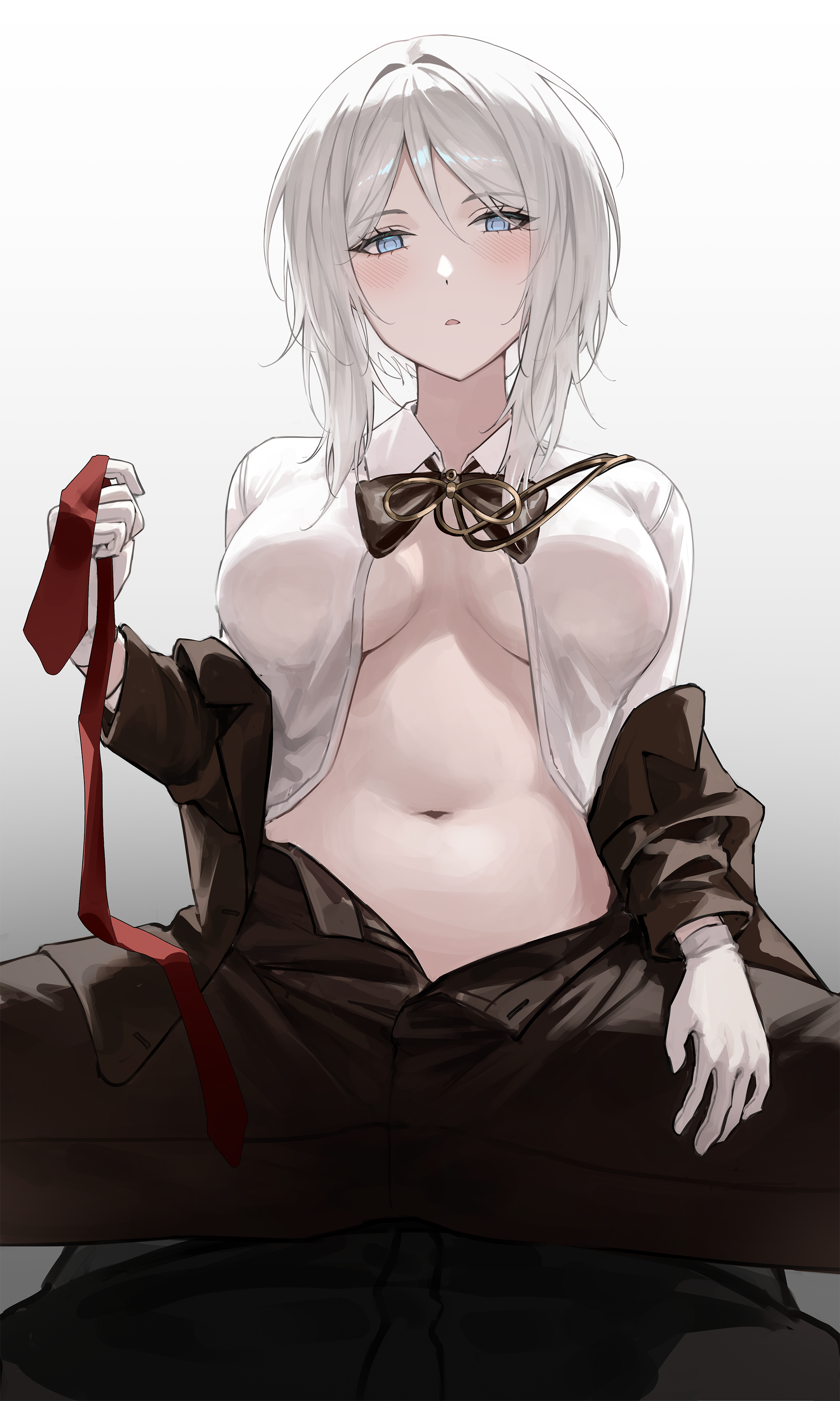 1girls, ambiguous gender, big breasts, blue eyes, blush, breasts, dante (limbus company), eonyan, faust (limbus company), female, female on top, limbus company, looking at viewer, male pov, medium hair, midriff, navel, partially clothed, pov, project moon, simple background, undressing, white hair