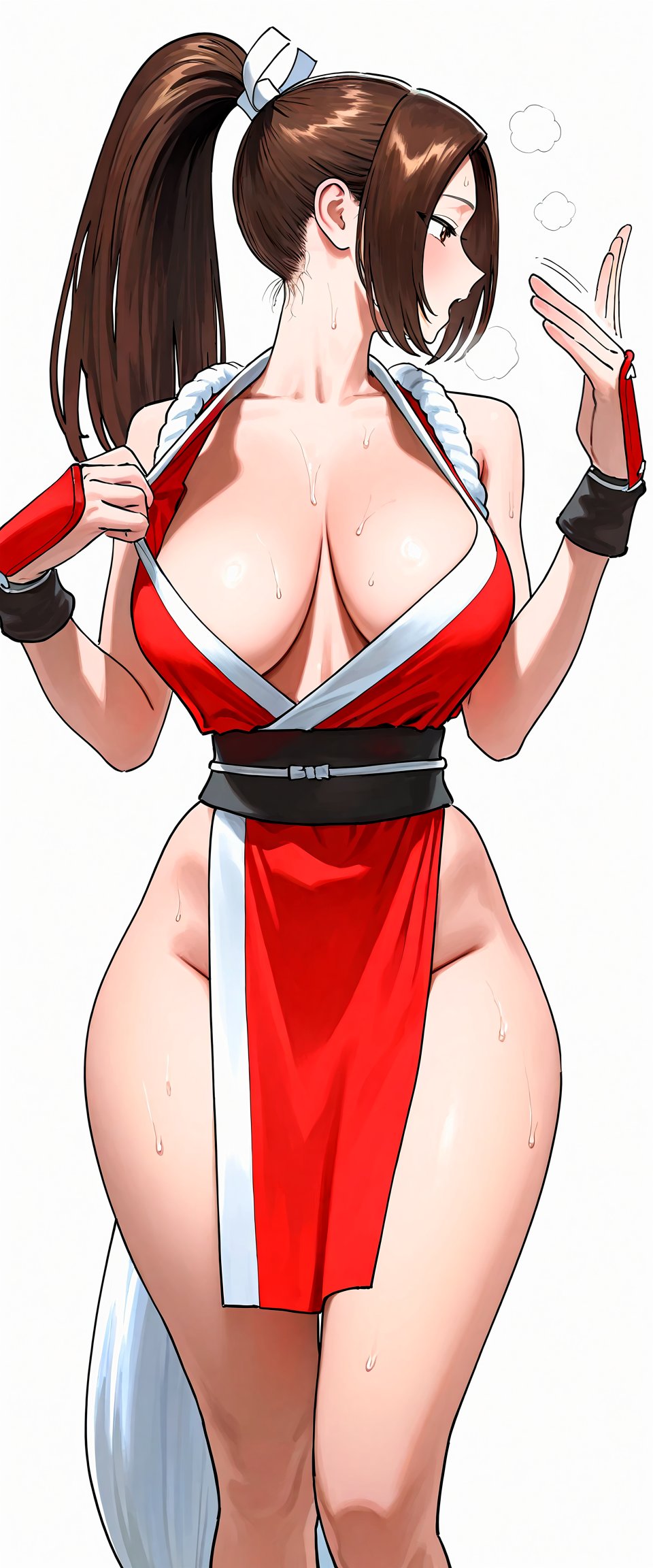 ai generated, big breasts, cleavage, fanning self, fatal fury, hoshino akarii, king of fighters, mai shiranui, sweat, tagme, waving