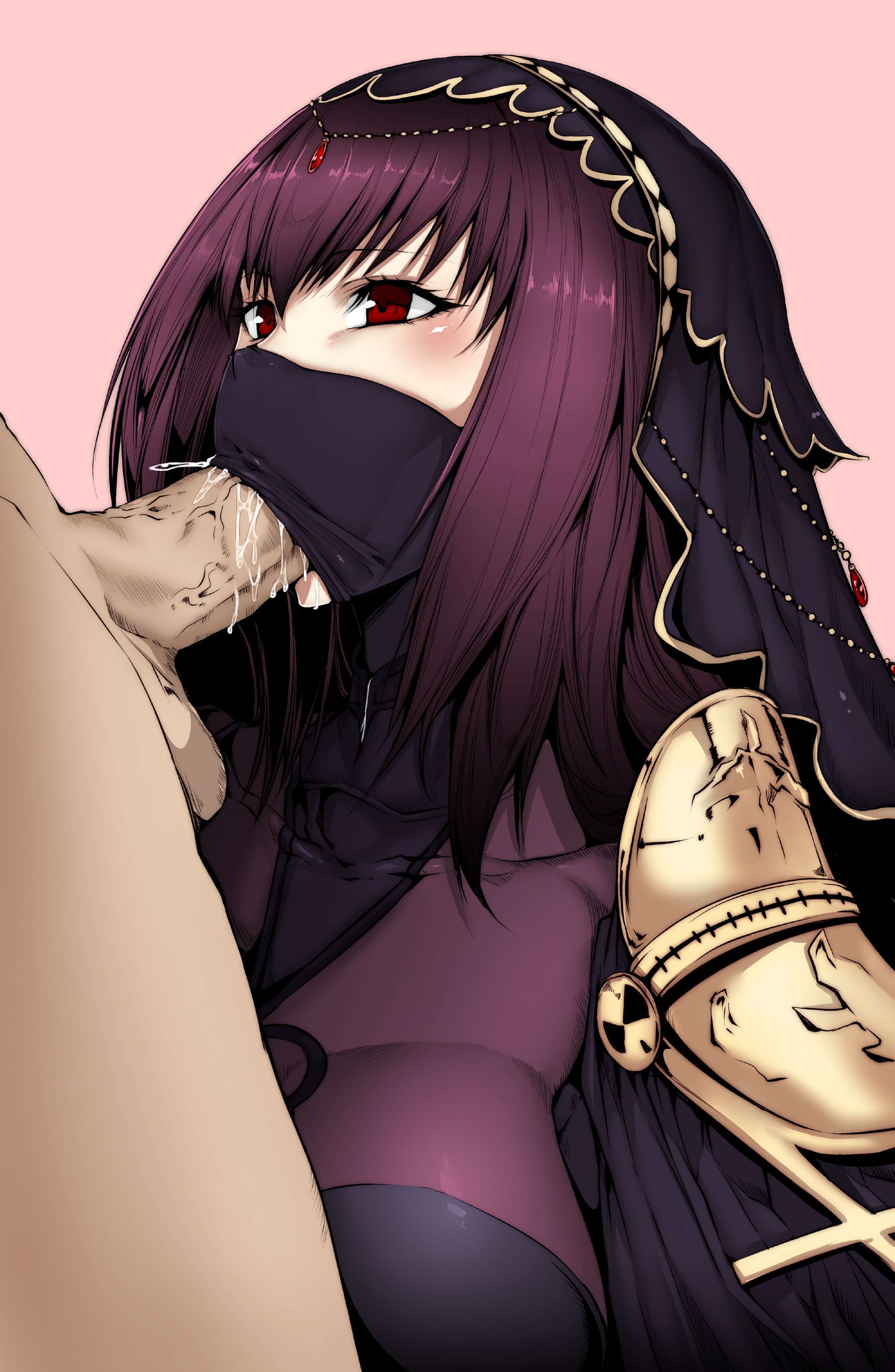 1boy, 1girls, armor, blowjob, bodysuit, breasts, clothed female nude male, face mask, fate (series), fate/grand order, fellatio, fellatio under mask, fellatio under veil, female, gggg, hands-free, highres, long hair, looking up, male, mask, mouth mask, mouth veil, oral, oral sex, pauldrons, penis, purple hair, red eyes, scathach (fate), shoulder armor, solo focus, straight, tight clothing, veins, veiny penis