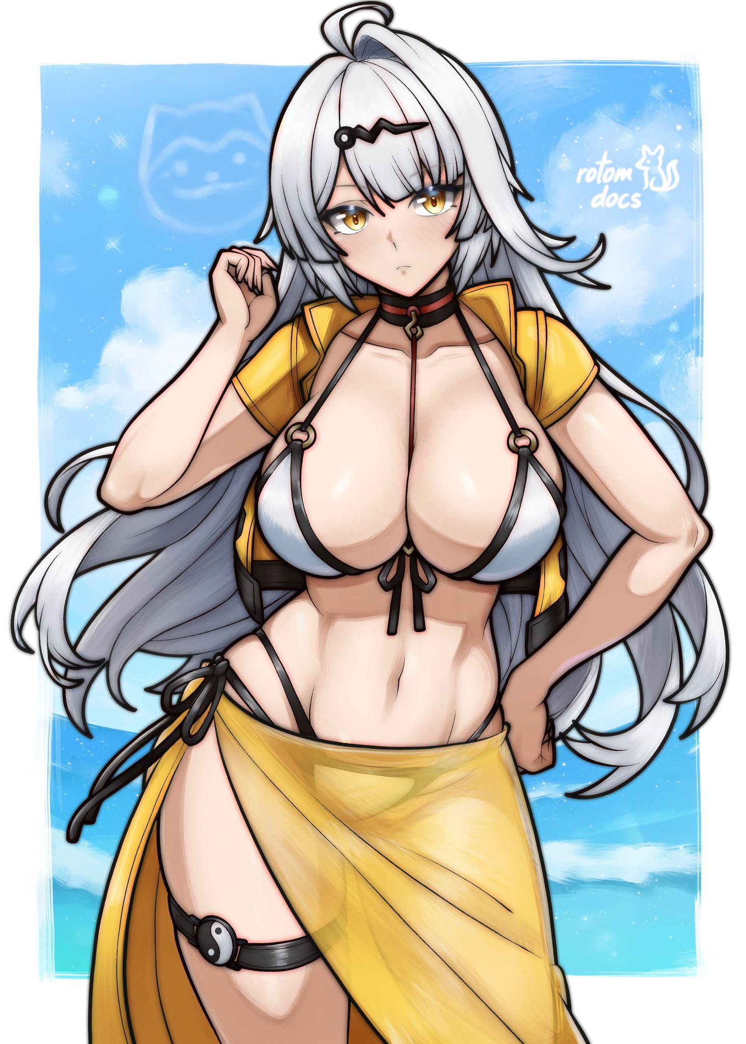 1girls, beach, breasts, exposed breasts, female, hoyoverse, long hair, mihoyo, rotomdocs, swimsuit, white hair, white swimsuit, yellow eyes, yixuan (zenless zone zero), zenless zone zero