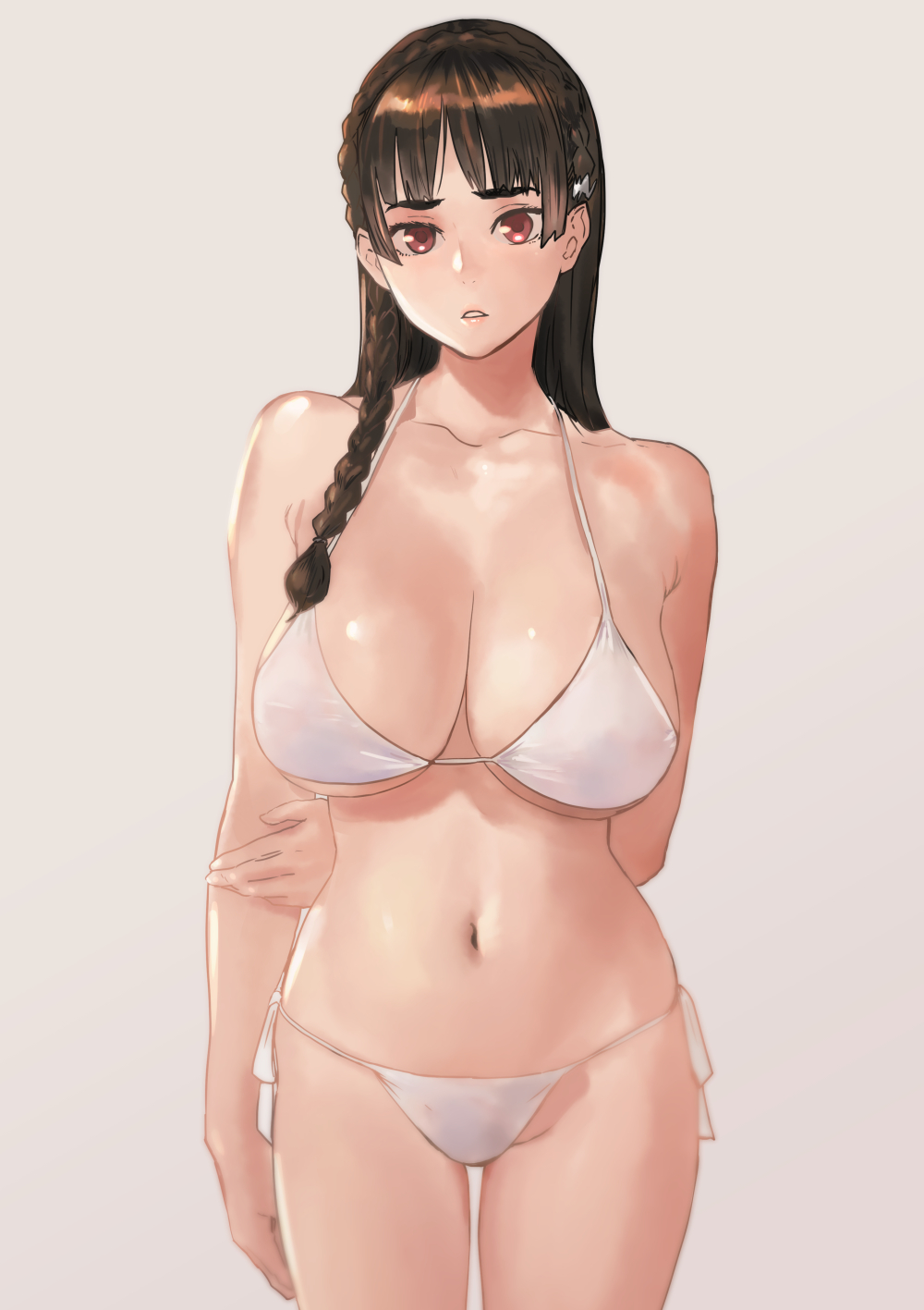 1girls bikini braided_hair brown_hair cleavage curvy large_breasts long_hair looking_at_viewer nekoi_mie shiny_skin simple_background solo standing