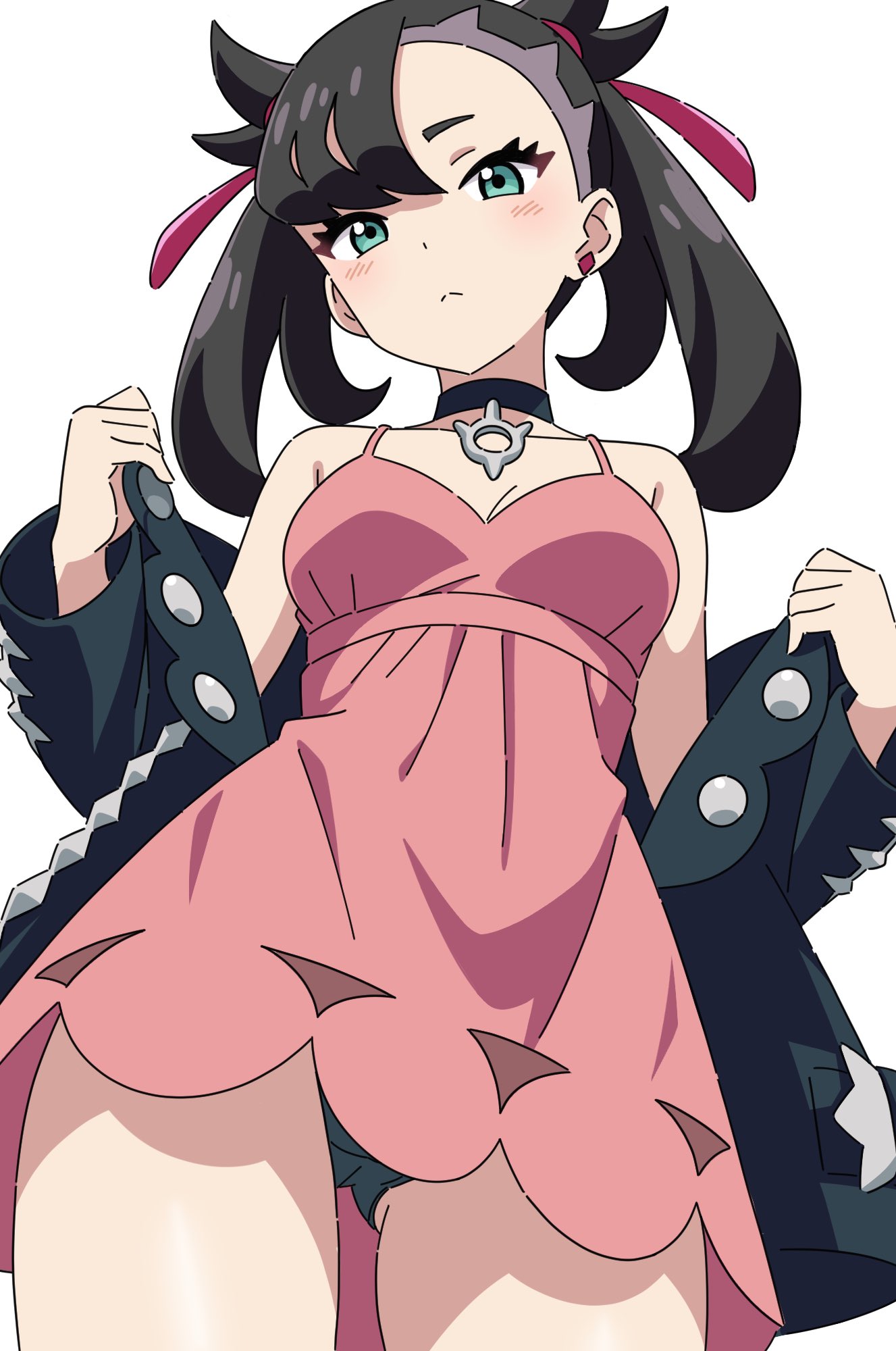1girls, asymmetrical bangs, black choker, black hair, black jacket, black panties, blush, breasts, choker, dress, earrings, female, female only, green eyes, hair ribbon, highres, jacket, jewelry, kousuke0912, marnie (pokemon), nintendo, open clothes, open jacket, panties, pantyshot, pink dress, pokemon, pokemon ss, pokemon swsh, ribbon, short dress, simple background, single earring, small breasts, underwear, white background