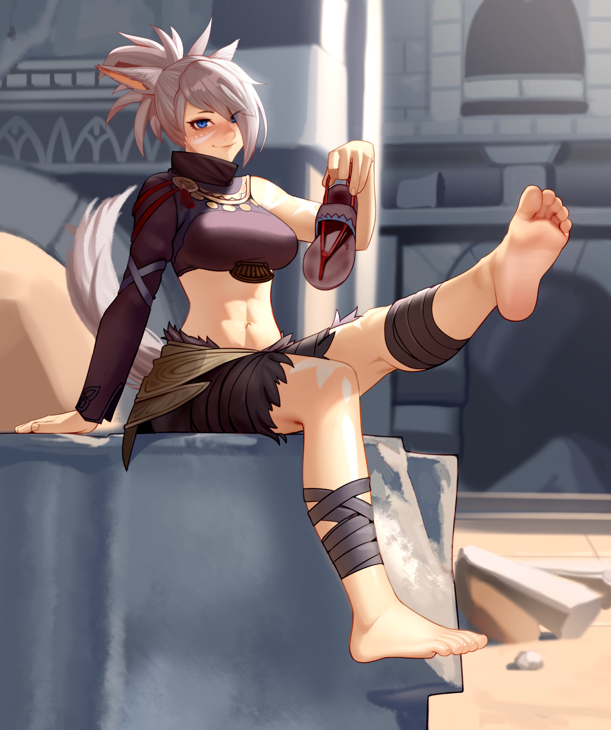 1girls, abs, animal ears, blue eyes, detailed background, feet, female, final fantasy xiv, foot focus, footprint, footprint on sandals, holding shoes, kairuhentai, kairunoburogu, leg wraps, midriff, miqo'te, sandals, shoes removed, solo, solo female, tail, white hair