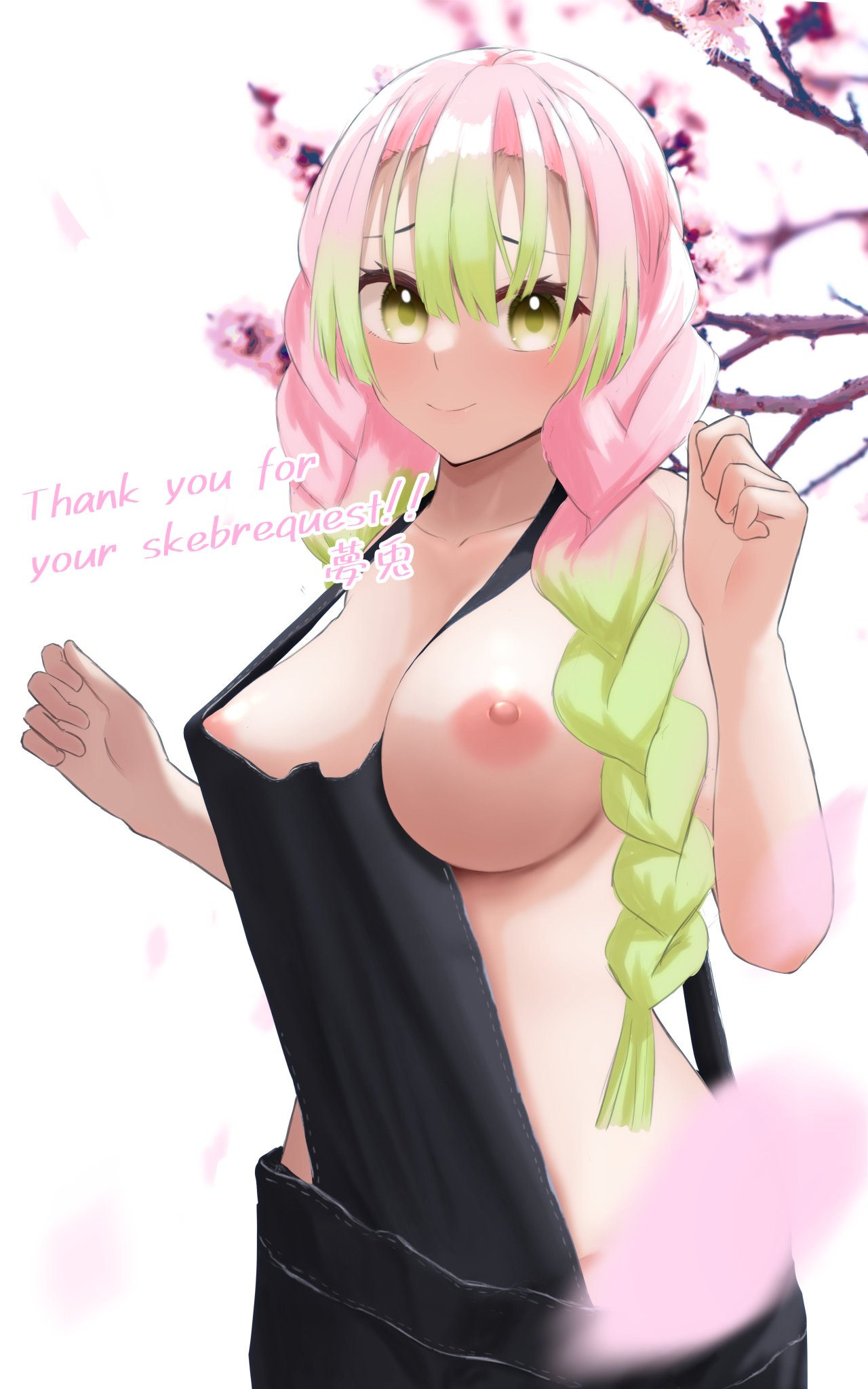 1girls, alternate costume, apron, areola slip, bangs, big breasts, blush, braided hair, breasts, demon slayer, female, female only, green eyes, kanroji mitsuri, kimetsu no yaiba, long hair, looking at viewer, naked apron, no bra, one breast out, pink hair, pink-haired female, simple background, smile, solo, two-tone hair, ym-1