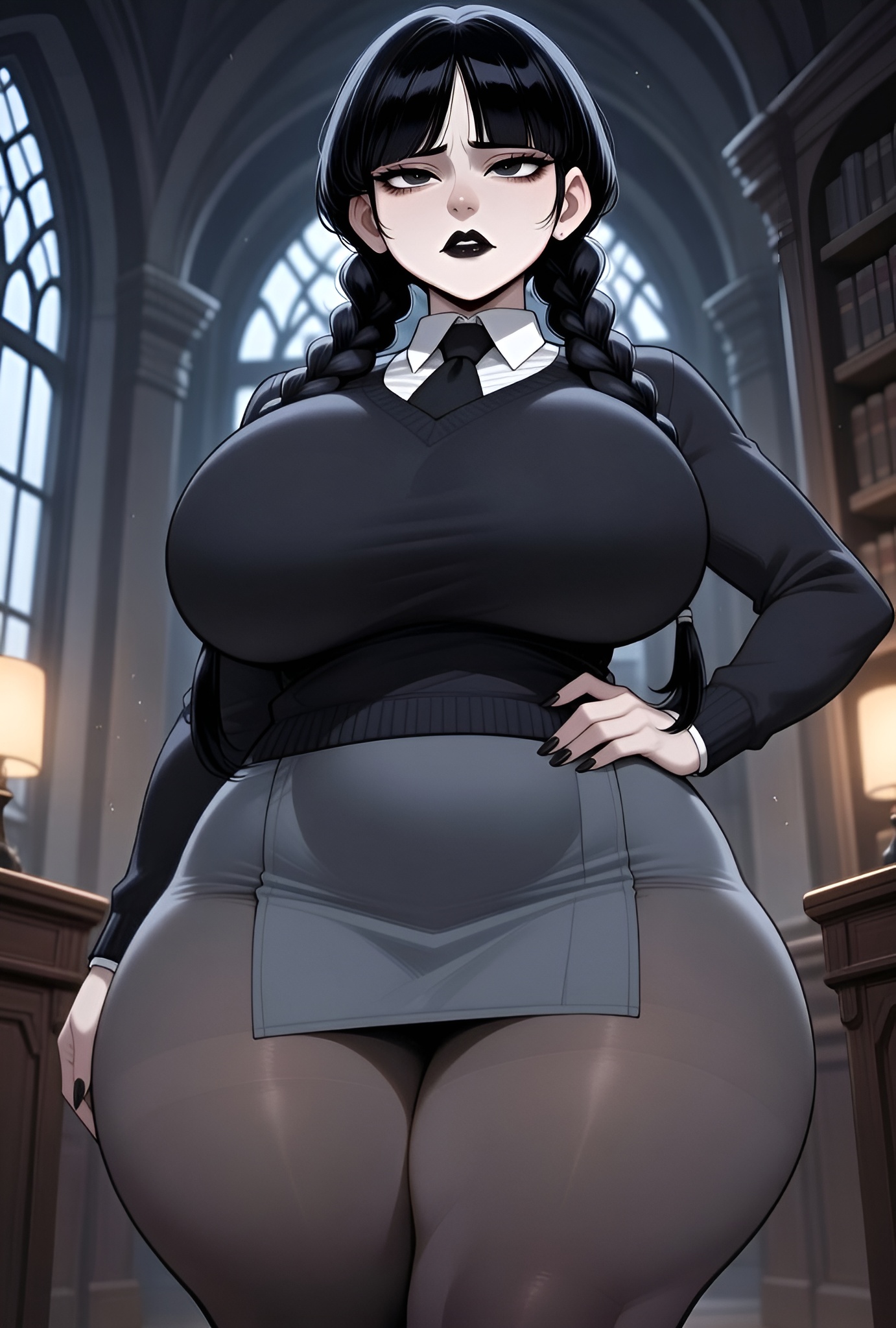 1girls, ai generated, big ass, big breasts, big butt, brasil louco, bubble ass, bubble butt, emo, female, female only, front view, full body, fully clothed, gothic, gothic girl, huge breasts, looking at viewer, seductive, seductive look, solo, solo female, solo focus, tagme, the addams family, voluptuous, wednesday addams