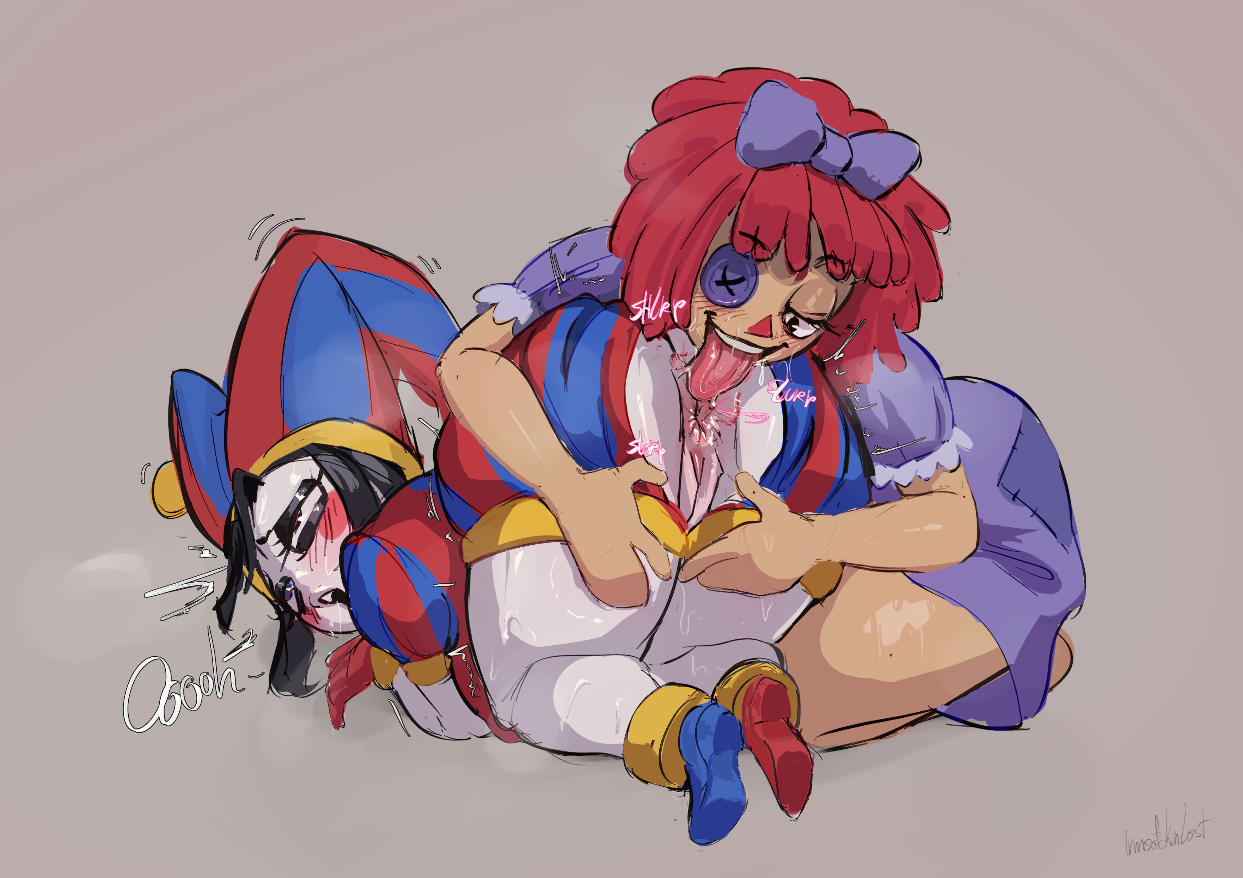 2026, 2girls, big butthole, black hair, blush, bow, bubble butt, button eye, clothed sex, doll girl, eating ass, glitch productions, gooseworx, imsofckinlost, jester, jester hat, lesbian sex, pomni, pomni (tadc), pomni (the amazing digital circus), ragatha, ragatha (tadc), ragatha (the amazing digital circus), ragdoll, red hair, tagme, the amazing digital circus, yuri