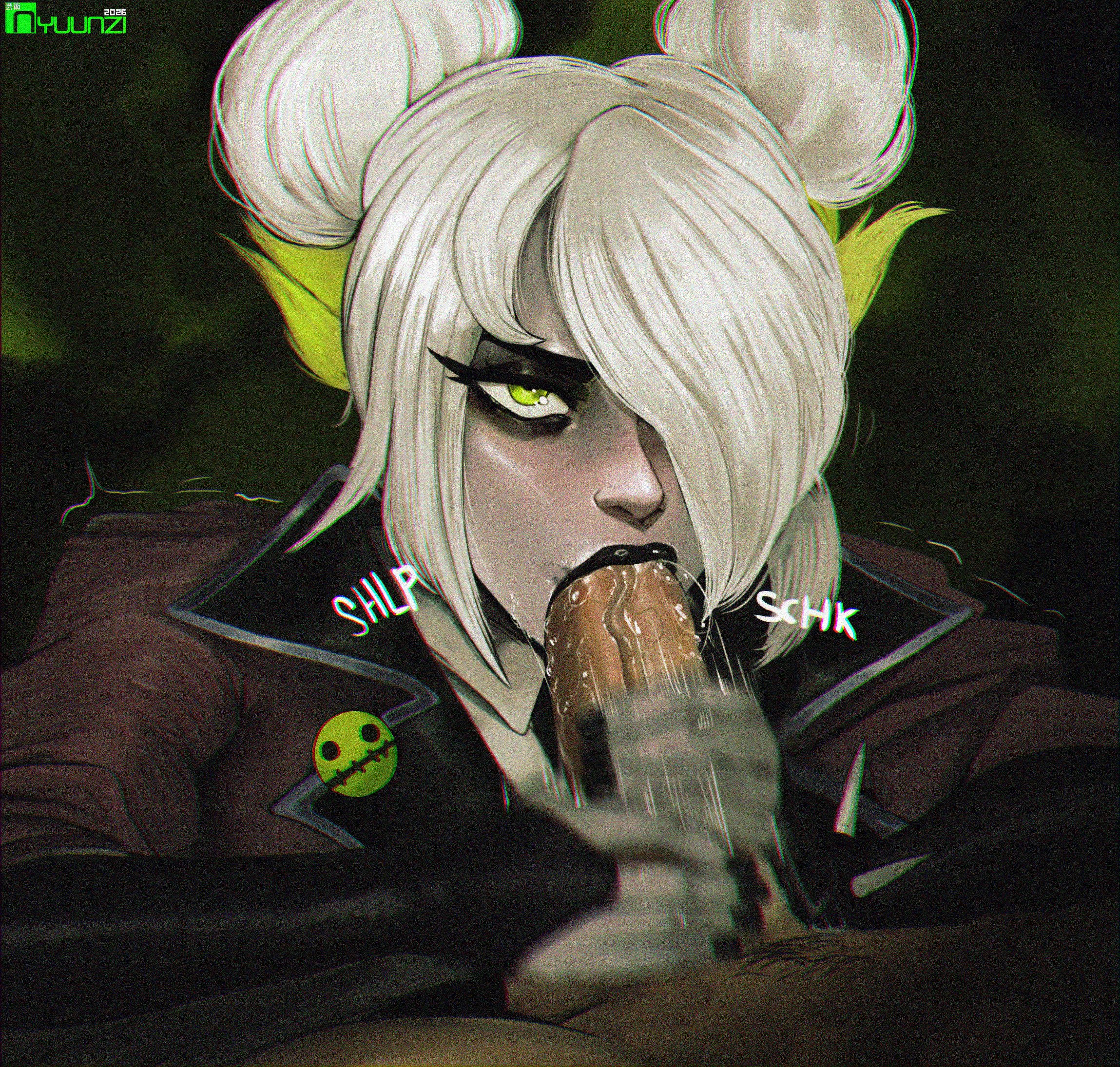 1boy, 1girls, black eyeshadow, black lipstick, black nail polish, black nails, blowjob, deadlock, eyeshadow, fellatio, female, goth girl, graves (deadlock), green eyes, handjob, handjob while sucking, lipstick, male, motion blur, motion lines, nail polish, nyuunzi, oral, pale skin, pale-skinned female, penis, penis in mouth, sucking, sucking penis, tagme, valve, veiny penis, white hair