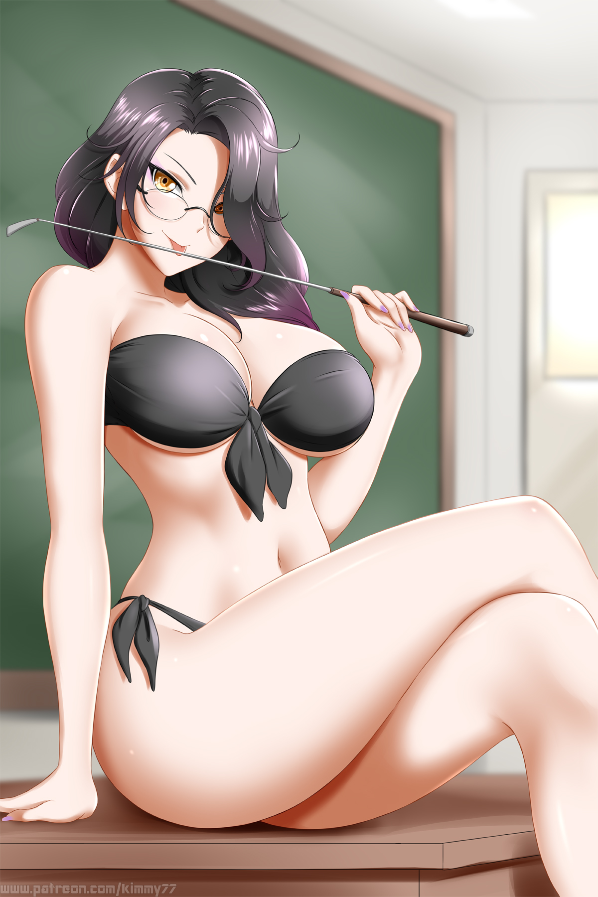 2022, amber eyes, big breasts, bikini, bikini bottom, bikini top, black bikini, black hair, breasts, cinder fall, crossed legs, female, female only, glasses, kimmy77, long fingernails, medium hair, nail polish, painted fingernails, painted nails, revealing clothes, riding crop, rwby, shiny hair, shiny skin, sitting on desk, strapless bikini, tagme, thick thighs, tongue, tongue out