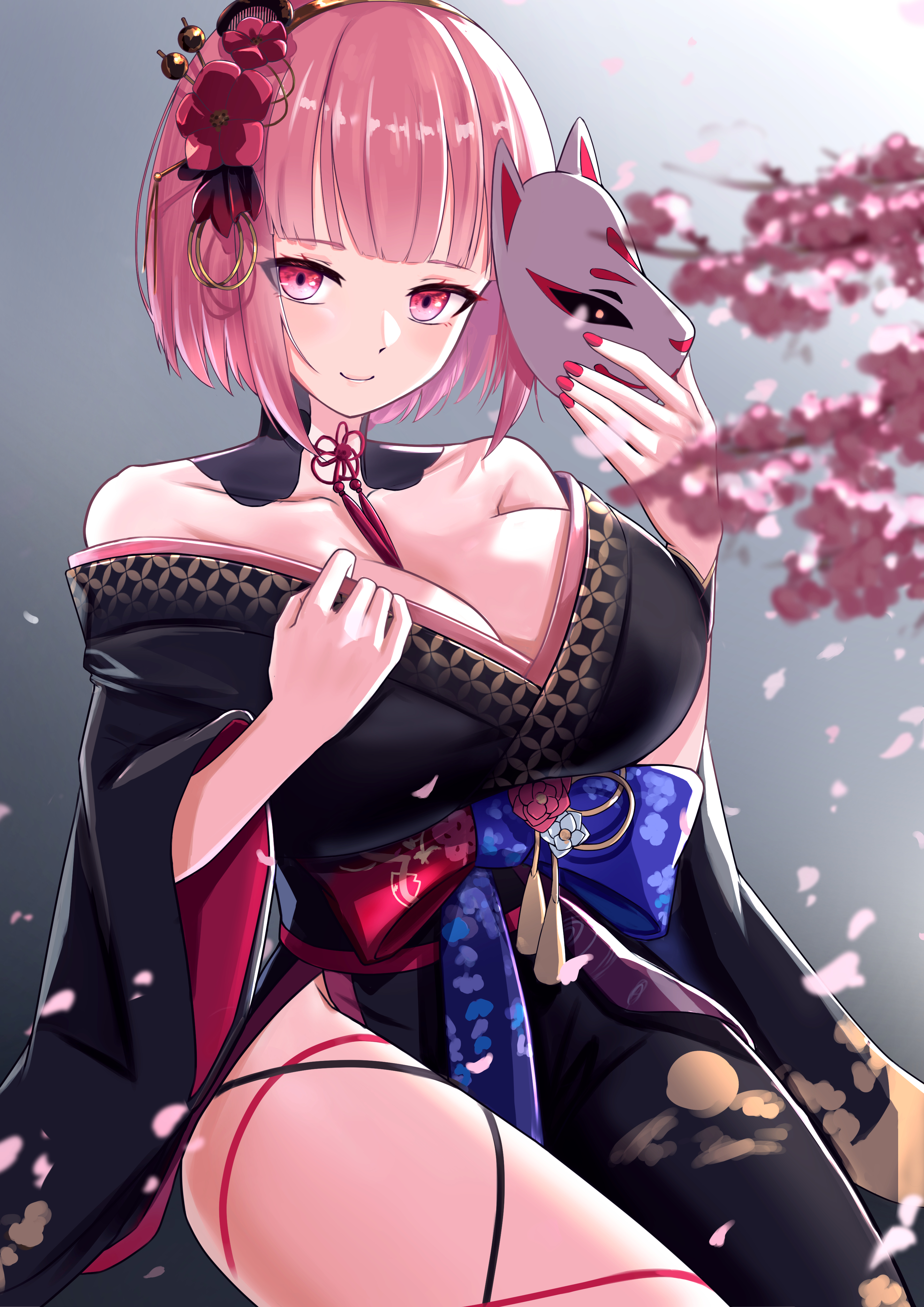 1girls, big breasts, breasts, cleavage, female, flower in hair, fox mask, hair ornament, hololive, hololive english, hololive myth, inviting, japanese clothes, kimono, looking at viewer, mori calliope, mori calliope (new year), orangenashi, pink eyes, pink hair, red fingernails, ribbon, sakura tree, short hair, solo, tagme, thick, thick thighs, virtual youtuber, voluptuous, wide hips