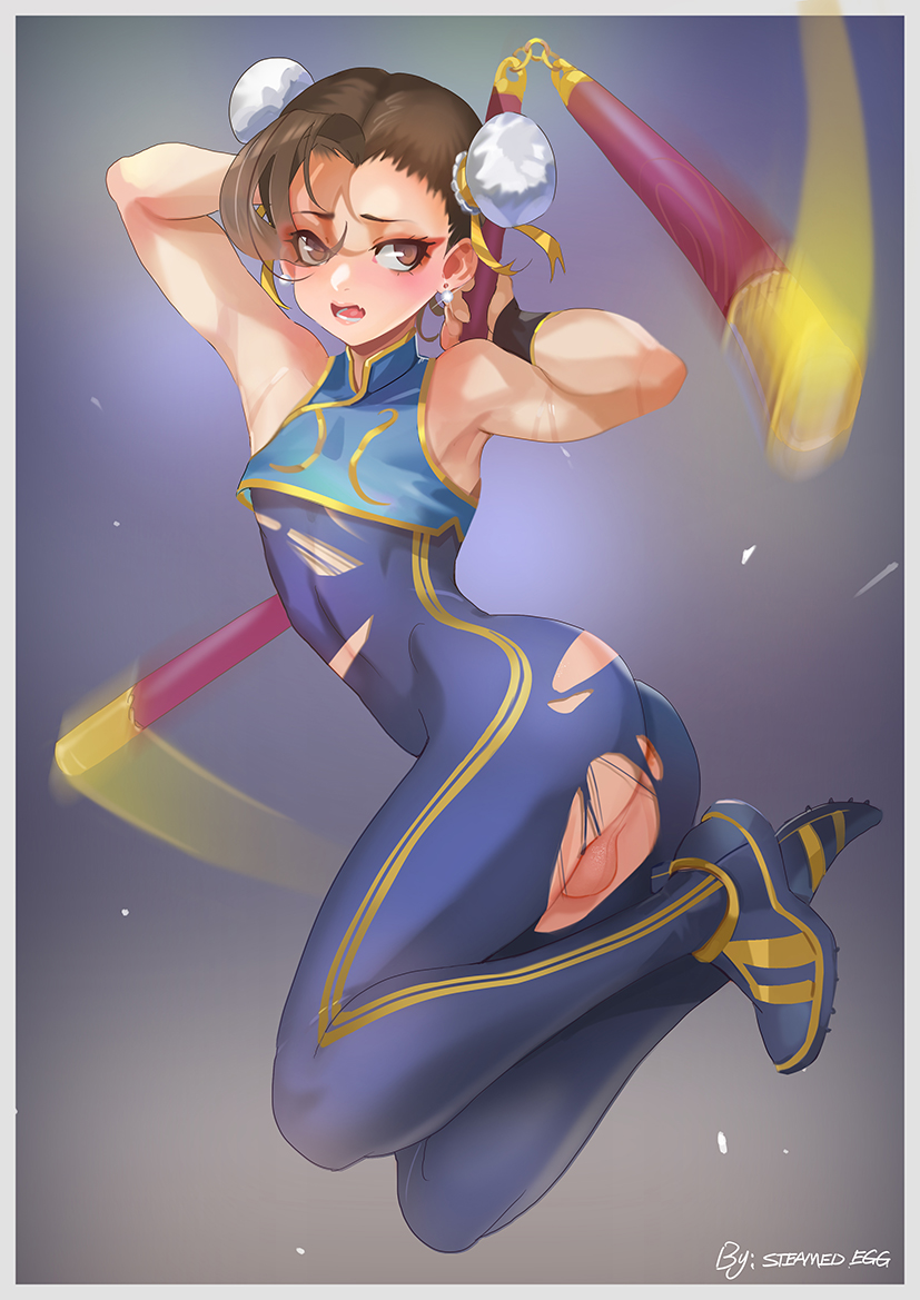 1boy, anus, arms up, ass, balls, brown hair, capcom, chun-li, femboy, girly, hair buns, male, male chun-li, male only, midair, otoko no ko, rule 63, simple background, sneakers, solo male, steamed egg, street fighter, street fighter alpha, torn clothes, trap, wet
