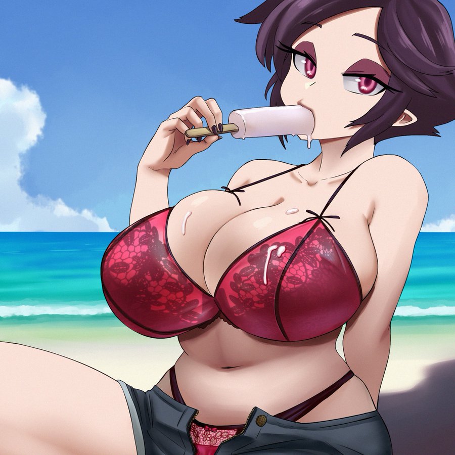 1girls 2021 beach big_breasts big_thighs bikini blue_sky bra breasts clothed clothing clouds detailed_background divine_wine female female_focus female_only food holding_object holding_popsicle huge_breasts lace-trimmed_bra lace-trimmed_panties large_breasts las_demoniacas_desventuras_de_vampiranhya looking_at_viewer navel oc ocean original original_character pale-skinned_female pale_skin popsicle popsicle_in_mouth popsicle_melting popsicle_stick purple_hair red_bikini red_eyes sand shadow shorts sky solo solo_female solo_focus suggestive suggestive_food suggestive_look thighs vampiranhya vampiranhya_(artist)