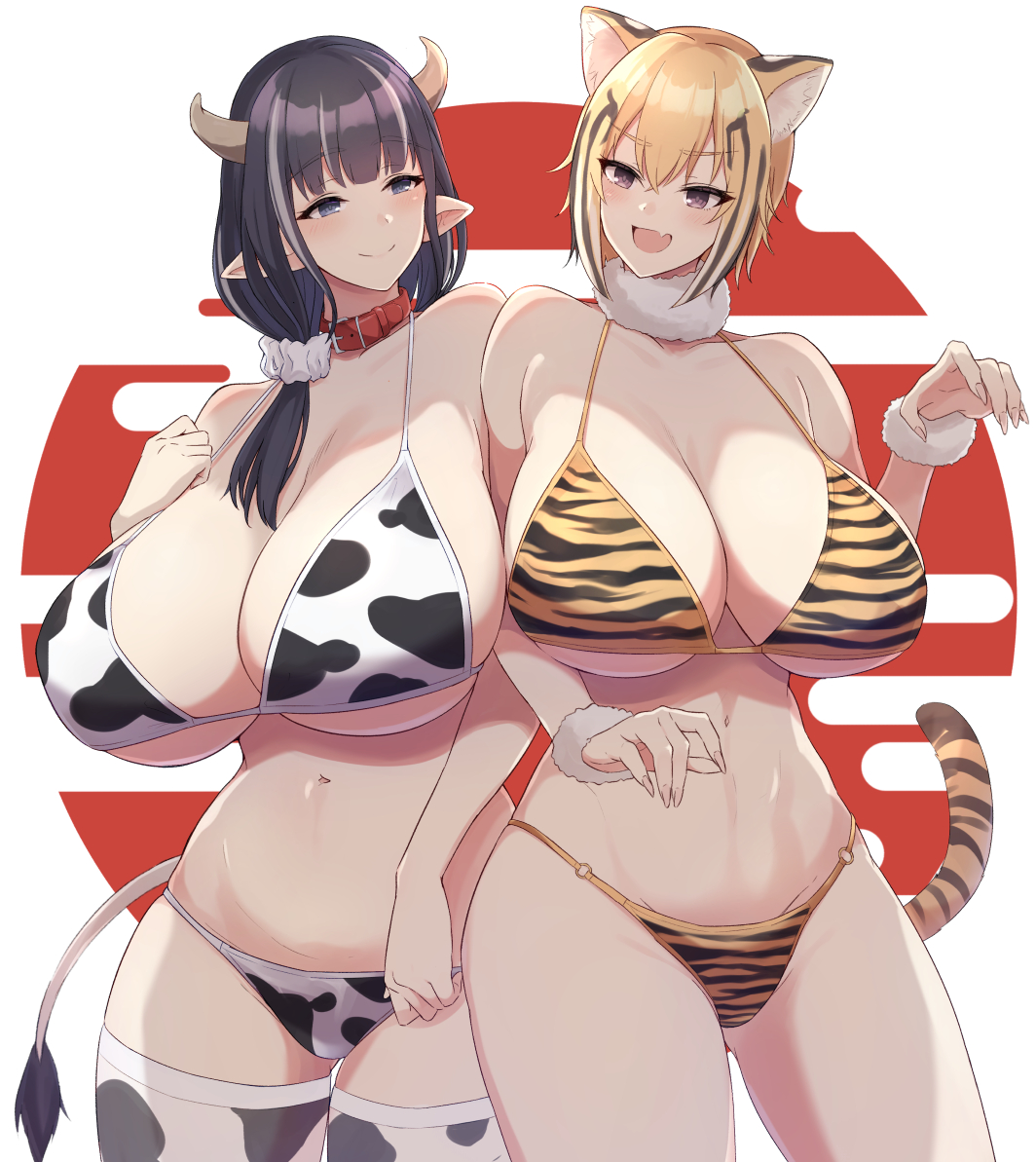 2021, 2022, 2girls, animal ear fluff, animal ears, animal print, big breasts, bikini, bikini bottom, bikini top, blonde hair, blue eyes, breasts, brown hair, cleavage, collar, cow ears, cow girl, cow horns, cow print, cow print bikini, cow print legwear, cow tail, cowboy shot, female, fur collar, horns, large breasts, legwear, light skin, light-skinned female, multiple females, multiple girls, navel, open mouth, original, purple eyes, red collar, side ponytail, smile, swimsuit, tail, thighhighs, tiger ears, tiger girl, tiger print, tiger print bikini, tiger tail, white background, yukage