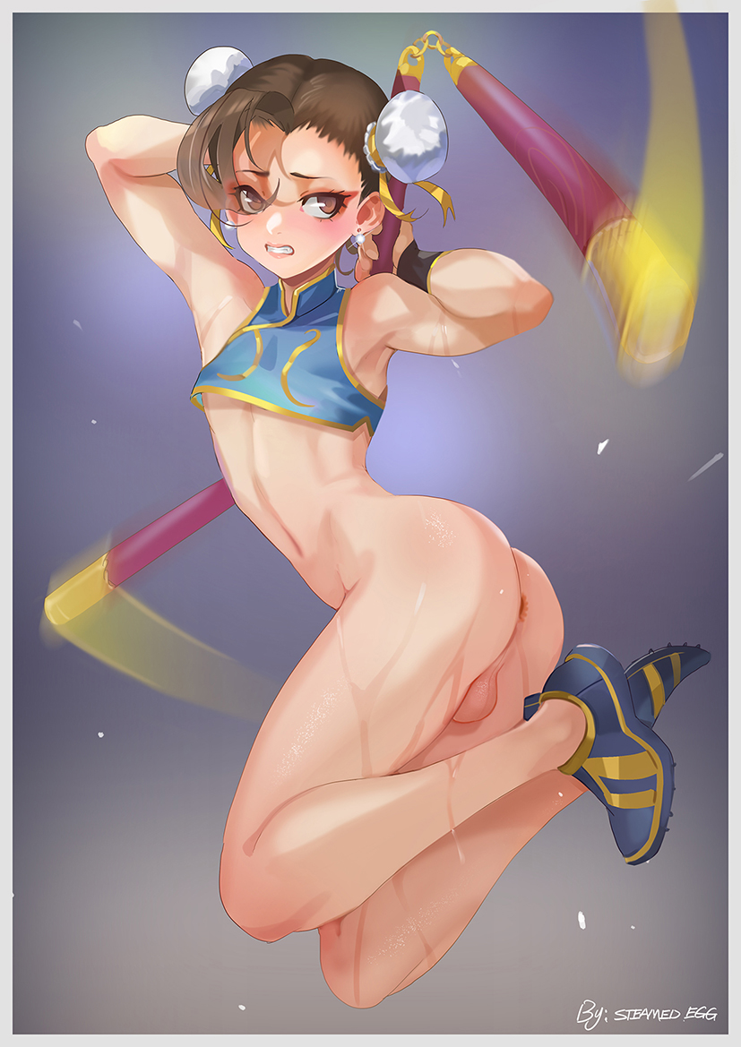 1boy, anus, arms up, ass, balls, bottomless, brown hair, capcom, chun-li, femboy, girly, hair buns, male, male chun-li, male only, midair, otoko no ko, rule 63, simple background, sneakers, solo male, steamed egg, street fighter, street fighter alpha, trap, wet