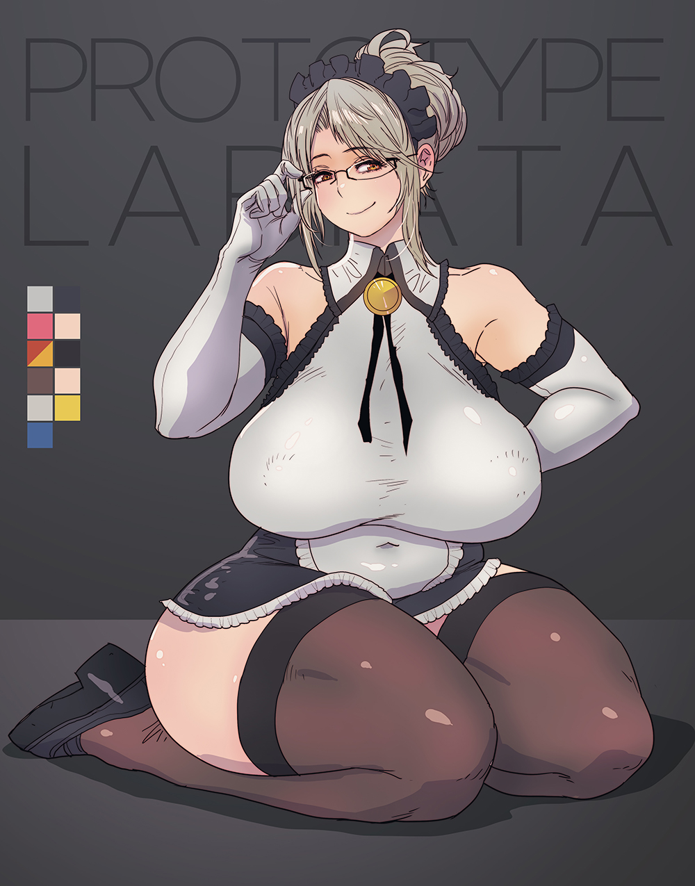 big_ass blush butcherboy curvy glasses labiata_(last_origin) labiata_prototype_(last_origin) last_origin maid_headdress maid_uniform smile stockings thighhighs thighs