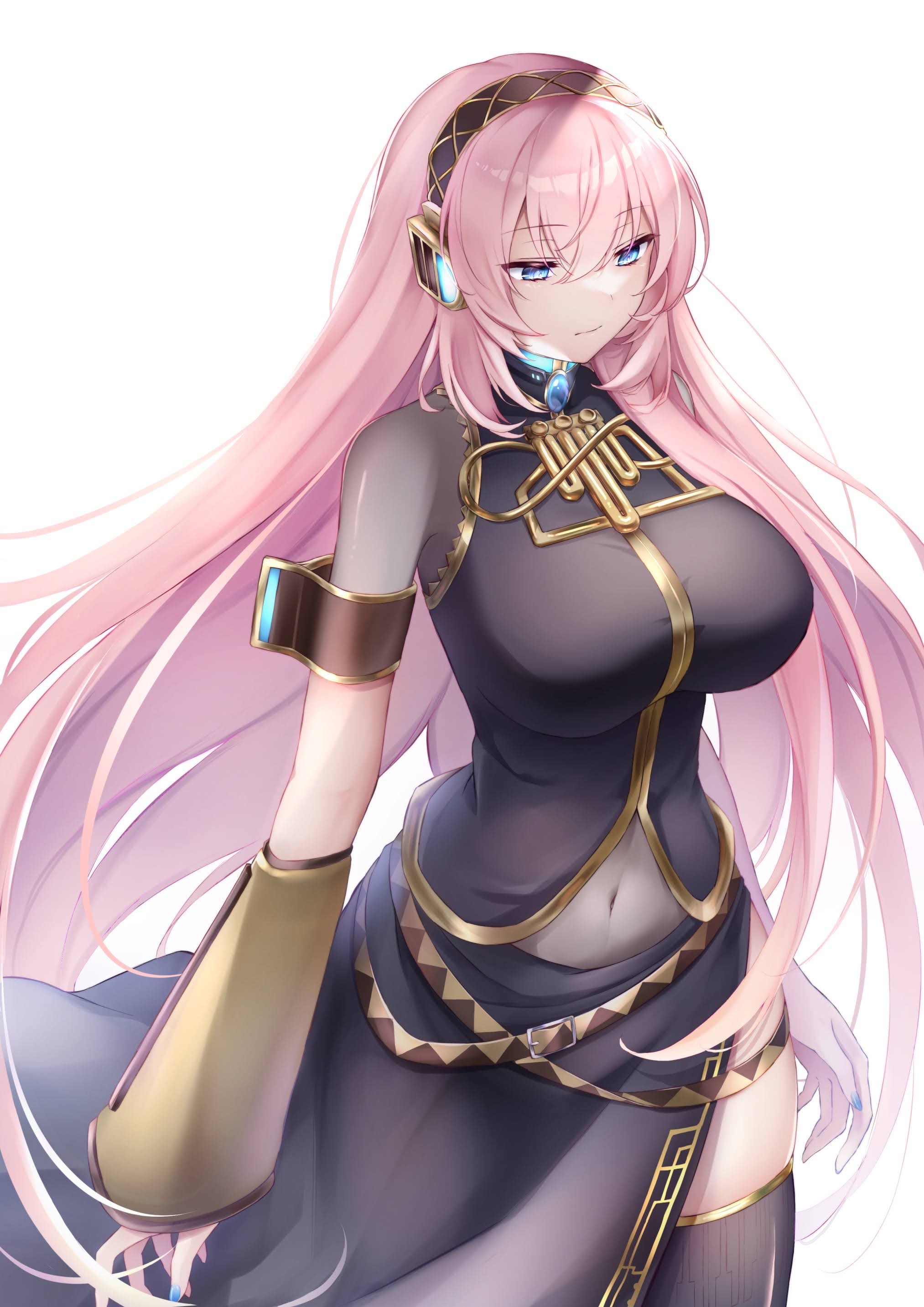 1girls, belly, belly button, big breasts, black clothing, blue eyes, breasts, clothing, female, female only, fully clothed, hips, huge breasts, human, human only, humanoid, large breasts, megurine luka, navel, pink hair, simple background, solo, solo female, thick, thick thighs, thighs, vocaloid, voluptuous, white background, wide hips