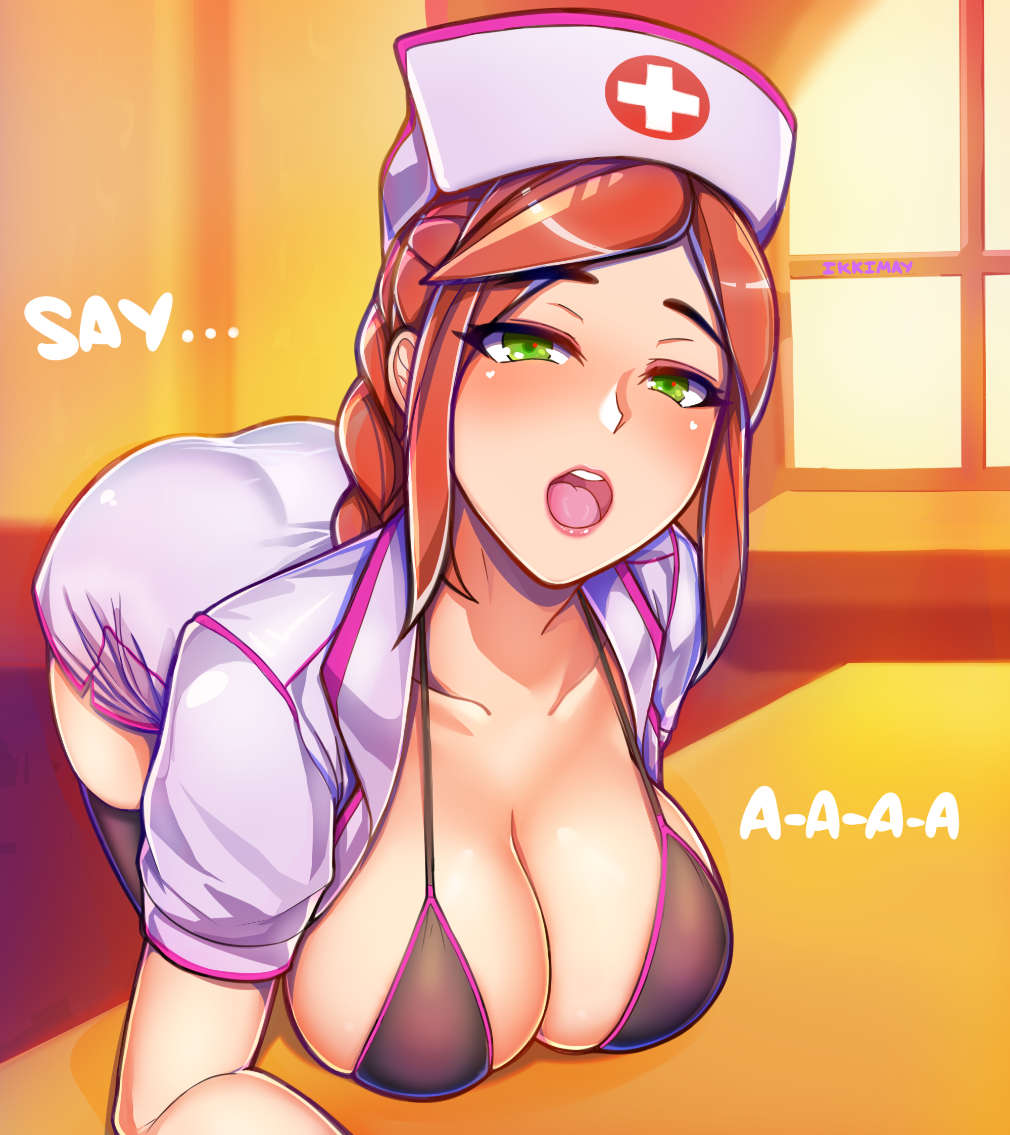 1girls, bent over, big breasts, blush, blushing at viewer, braid, breasts, cassie (paladins), cleavage, dialogue, english text, eye contact, female, female only, green eyes, hi-rez studios, ikkimay, large breasts, light skin, light-skinned female, looking at viewer, nurse, nurse cap, nurse uniform, open mouth, paladins, pov, pov eye contact, red hair, seductive, skindentation, solo, solo female, tagme, text, thighhighs