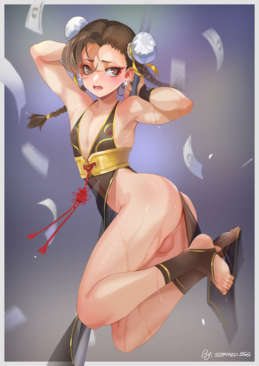 1boy, anus, arms up, brown hair, capcom, chun-li, chun-li (battle ouffit sfv), dress, femboy, girly, hair buns, male, male chun-li, male only, midair, otoko no ko, rule 63, simple background, sneakers, solo male, steamed egg, street fighter, street fighter iv, trap, wet