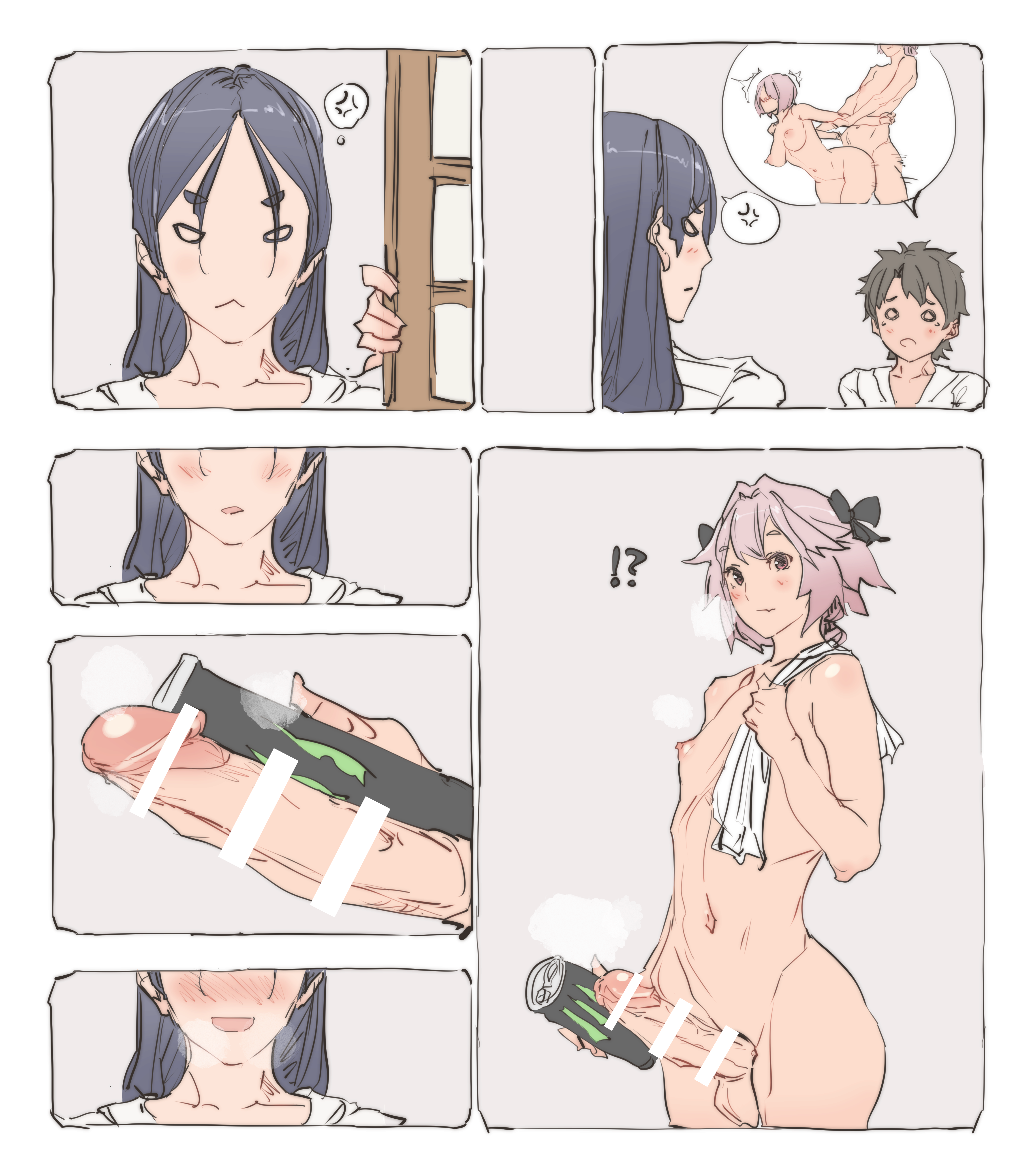 1girls, amanda kenny, angry, astolfo (fate), bar censor, big penis, blue hair, blush, censored, cheating, cucked by femboy, cuckold, erect penis, erection, fate (series), fate/grand order, female, femboy, femboy on female, femboydom, fujimaru ritsuka (male), heavy breathing, horny, horny female, hung trap, imminent cheating, imminent sex, jealous, male, mash kyrielight, minamoto no raikou (fate/grand order), monster energy, netorare, ntr, nude, nude male, penis, penis awe, steamy breath, towel