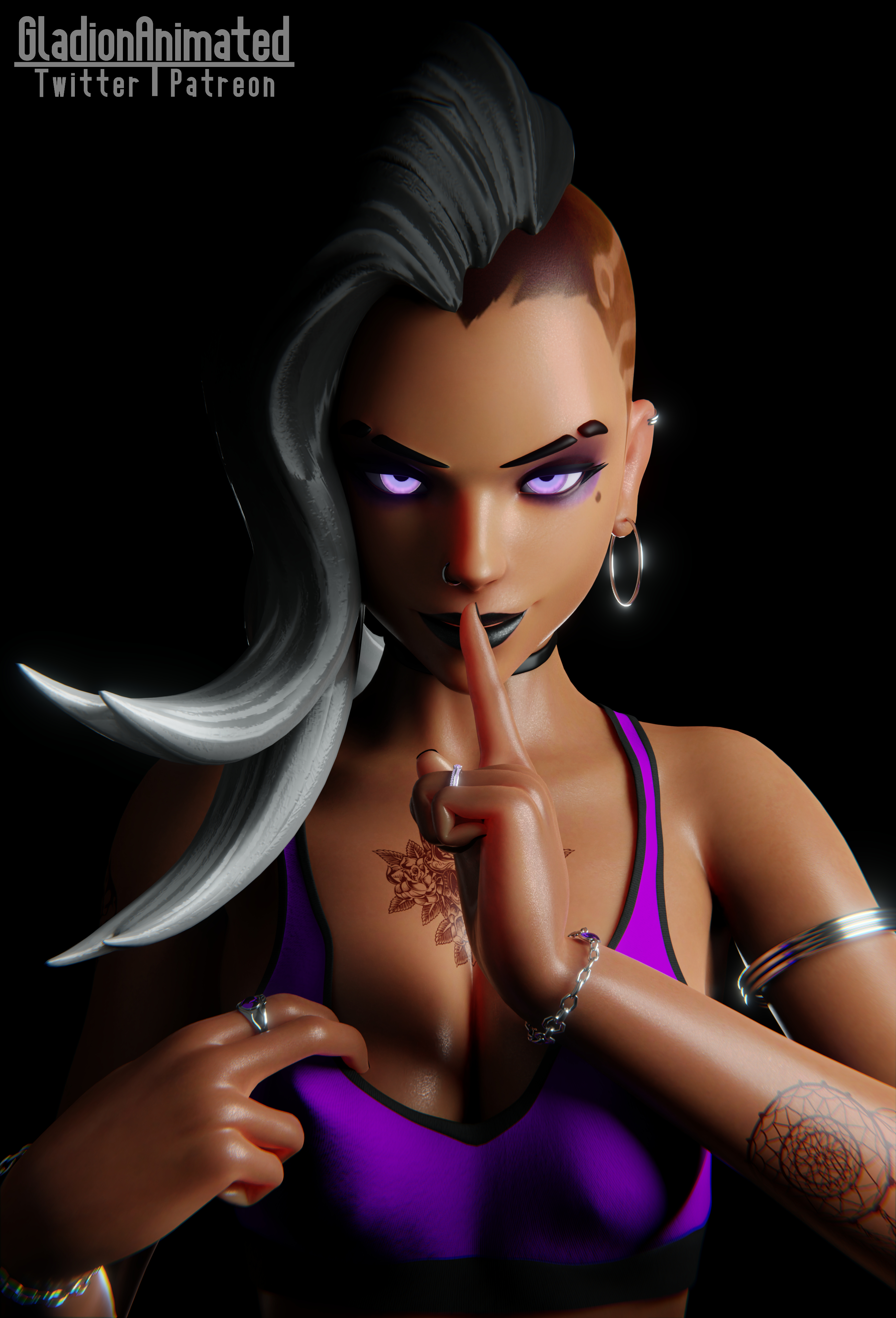 1girls, 3d, 3d (artwork), black hair, black lipstick, blender, blender (software), blizzard entertainment, bra, choker, earrings, eye contact, female, fit, fit female, gladionanimated, goth, jewelry, latina, looking at viewer, mexican, necklace, nipples, noche sombra, nose piercing, nose ring, overwatch, overwatch 2, petite, piercing, portrait, pulling clothing, purple eyes, ring, seductive, seductive eyes, seductive look, seductive smile, shaved side, shh, shhhh quiet, shushing, sidecut, simple background, slim, solo, solo female, sombra, tattoo, tattoos, two-tone hair, white hair