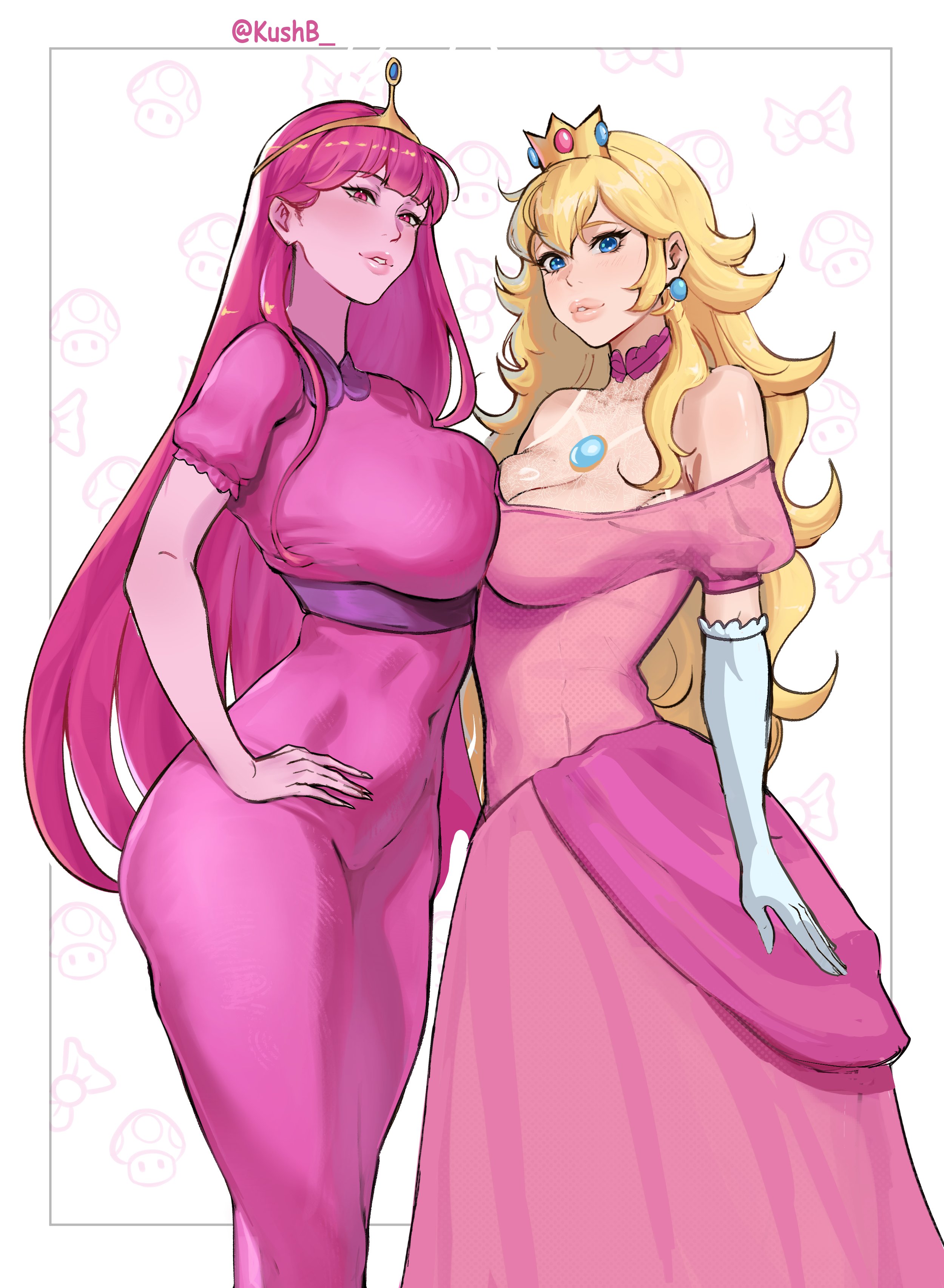2d, 2girls, absurdres, adventure time, bare shoulders, blonde hair, blue eyes, breast press, breasts, brooch, cleavage, color connection, colored skin, covered navel, crossover, crown, dress, earrings, eastern and western character, eyelashes, female, female only, full color, fully clothed, gloves, hand on own hip, highres, jewelry, kushb, lace, large breasts, long dress, long hair, mario (series), mini crown, multiple females, multiple girls, no penetration, off shoulder, off-shoulder dress, parted lips, pink dress, pink eyes, pink hair, pink skin, princess bubblegum, princess peach, sphere earrings, straight hair, super mushroom, symmetrical docking, tiara, tight clothes, tight dress, trait connection, very long hair, wavy hair, white gloves