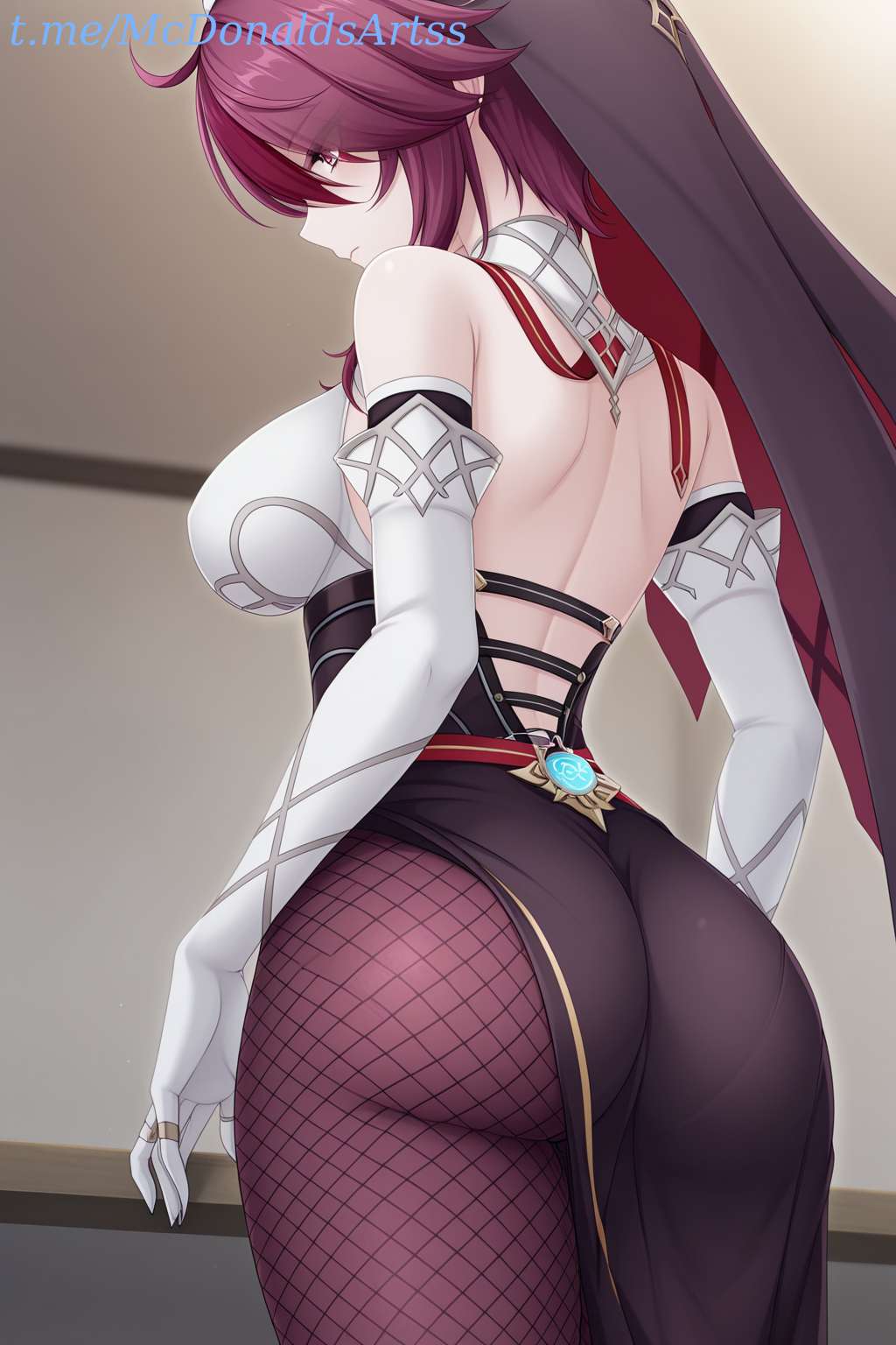 1girl 1girls ai_generated ass back backless_dress backless_outfit bare_shoulders belt black_dress blush breasts brown_pantyhose closed_mouth commentary_request dress elbow_gloves female fishnet_pantyhose fishnets from_behind genshin_impact gloves habit large_breasts looking_at_viewer looking_back multicolored_clothes multicolored_hair multicolored_headwear nun pantyhose pelvic_curtain purple_eyes purple_hair purple_pantyhose red_hair rosaria_(genshin_impact) short_hair solo streaked_hair thighs two-tone_dress veil vision_(genshin_impact) white_gloves zelanell