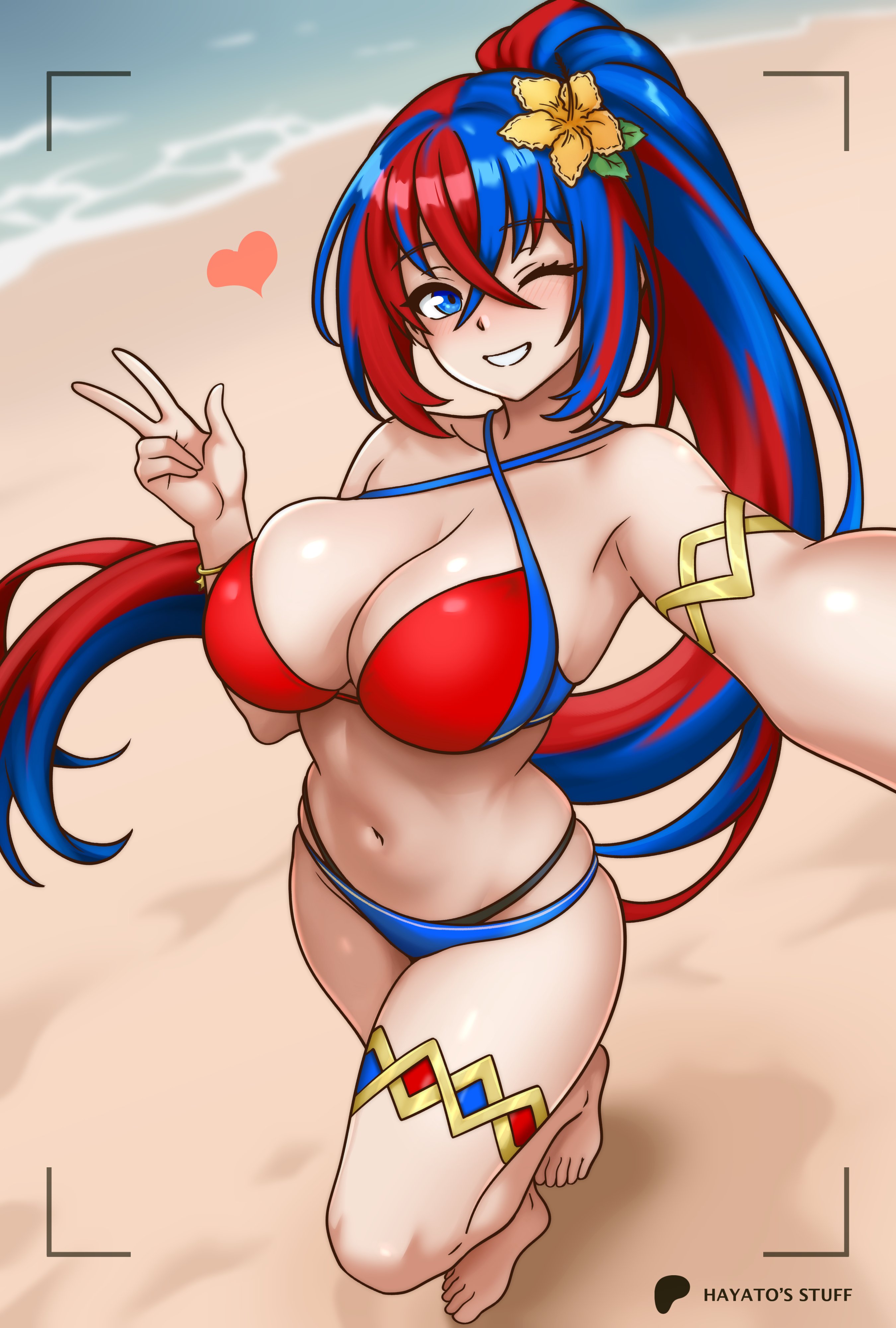 1girls, alear (female) (seaside dragon) (fire emblem), alear (fire emblem), alear (fire emblem) (female), big breasts, bikini, blush, breasts, cleavage, clothed, clothing, female, female only, fire emblem, fire emblem engage, flower in hair, from below, hayato stuff, intelligent systems, nintendo, red and blue hair