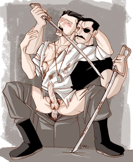 2boys anal_insertion anal_penetration anal_sex blood bloody_clothes bloody_sword boots closed_eyes color cum cum_in_ass cum_while_penetrated dog_tags erection eye_patch footwear frank_archer front_view fullmetal_alchemist gay hand_behind_head holding_arm holding_weapon homunculus human insertion king_bradley licking_blood male male_only moustache multiple_males multiple_penises pecs reverse_suspended_congress sex sitting_on_penis spread_legs stained_clothes sword torn_clothes torn_pants torn_shirt weapon yaoi