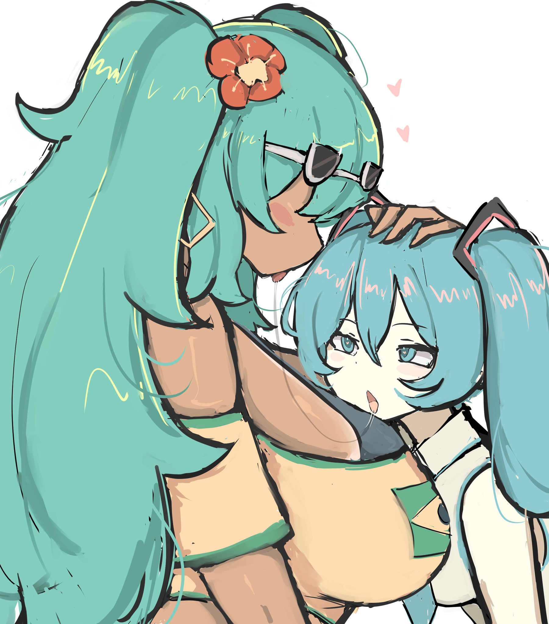 2girls, after kiss, aqua hair, big breasts, black glasses, blue eyes, blue hair, blush, brazilian, brazilian female, brazilian miku, breasts, dark skin, dark-skinned female, eyewear on head, female, flower, hair flower, hair ornament, hand on another's head, hatsune miku, heart, heart-shaped pupils, huge breasts, kissing, large breasts, long hair, melink (artist), multiple girls, necktie, open mouth, saliva, saliva trail, selfcest, short dress, simple background, sunglasses, symbol-shaped pupils, tongue, tongue out, twintails, underboob, vocaloid, white background, yuri