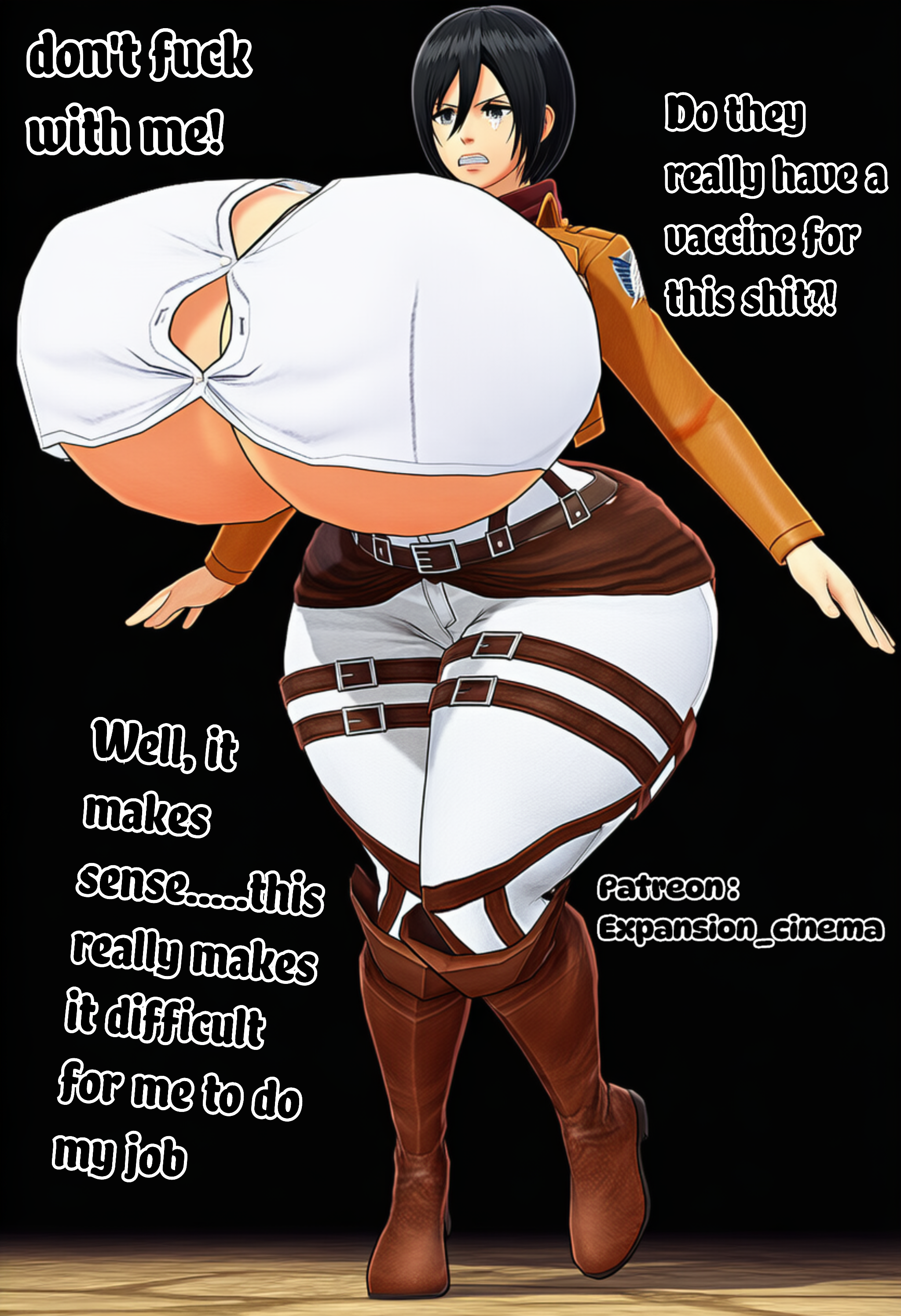 ass bigger than head, ass expansion, attack on titan, breast expansion, breast growth, breasts, breasts bigger than head, english text, expansion cinema, female, gigantic breasts, hips, hips wider than shoulders, hourglass figure, hourglass figured female, huge breasts, mikasa ackerman, shingeki no kyojin, thigh expansion, thighs, thighs bigger than head