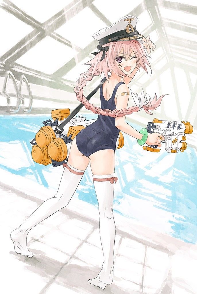 1boy, artist request, astolfo (fate), bow ribbon, crossdressing, fate (series), fate/grand order, femboy, femboy only, feminine, feminine body, feminine faced male, feminine male, feminine pose, hat, looking at viewer, male, no sound, no visible genitalia, pink hair, sailor hat, super soaker, swimming pool, swimsuit, swimwear, tagme, that pool, thigh highs, thigh socks, thighhighs, unisex swimsuit, water gun, white thigh highs, white thigh socks, white thighhigh