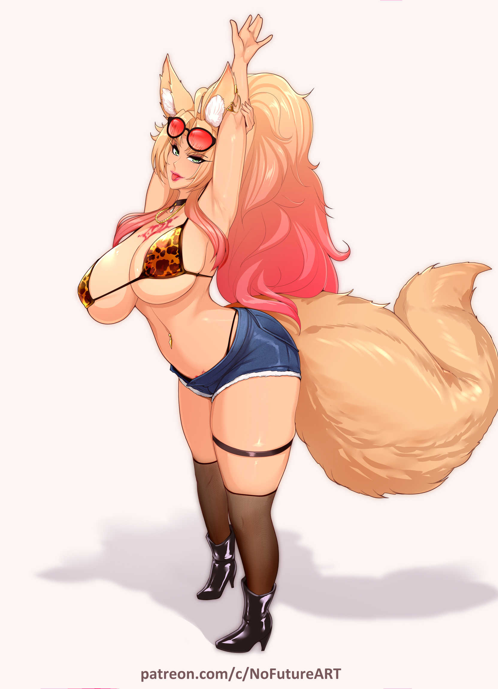 1girls, arm behind head, arm up, big breasts, bikini top, blep, blonde hair, breasts, chest tattoo, commission, ear tuft, eyelashes, female, female only, fox ears, fox girl, fox tail, full body, furry tail, green eyes, gyaru, heel boots, hi res, jean shorts, kitsune, leopard print, leopard print bikini, long hair, looking at viewer, navel piercing, necklace, nofuture, pink lipstick, red hair, shorts, smiling, smiling at viewer, solo, stockings, sunglasses on head, tail, thick thighs, thigh strap, two-tone hair, white background