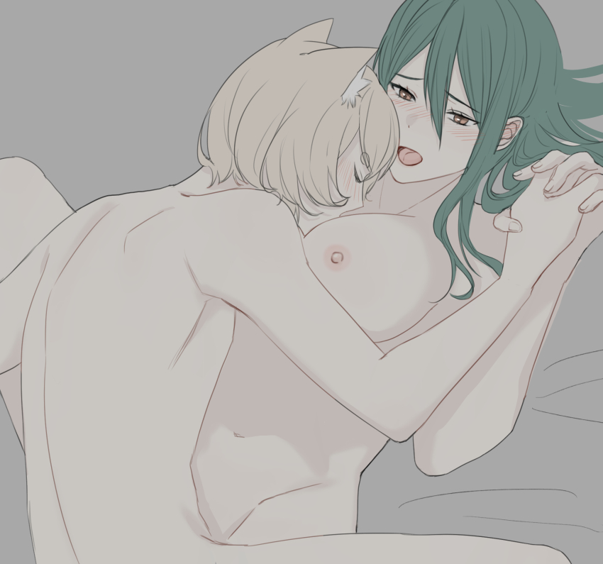 1boy 1femboy 1girl animal_ears bed_sheet blush breasts cat_boy cat_ears closed_eyes crusch_karsten face_to_breasts felix_argyle femboy green_hair holding_hands large_breasts long_hair looking_at_another lying meomeo0303 midriff missionary navel nipples nude on_back re:zero_kara_hajimeru_isekai_seikatsu sex short_hair trap trap_on_female vaginal yellow_eyes