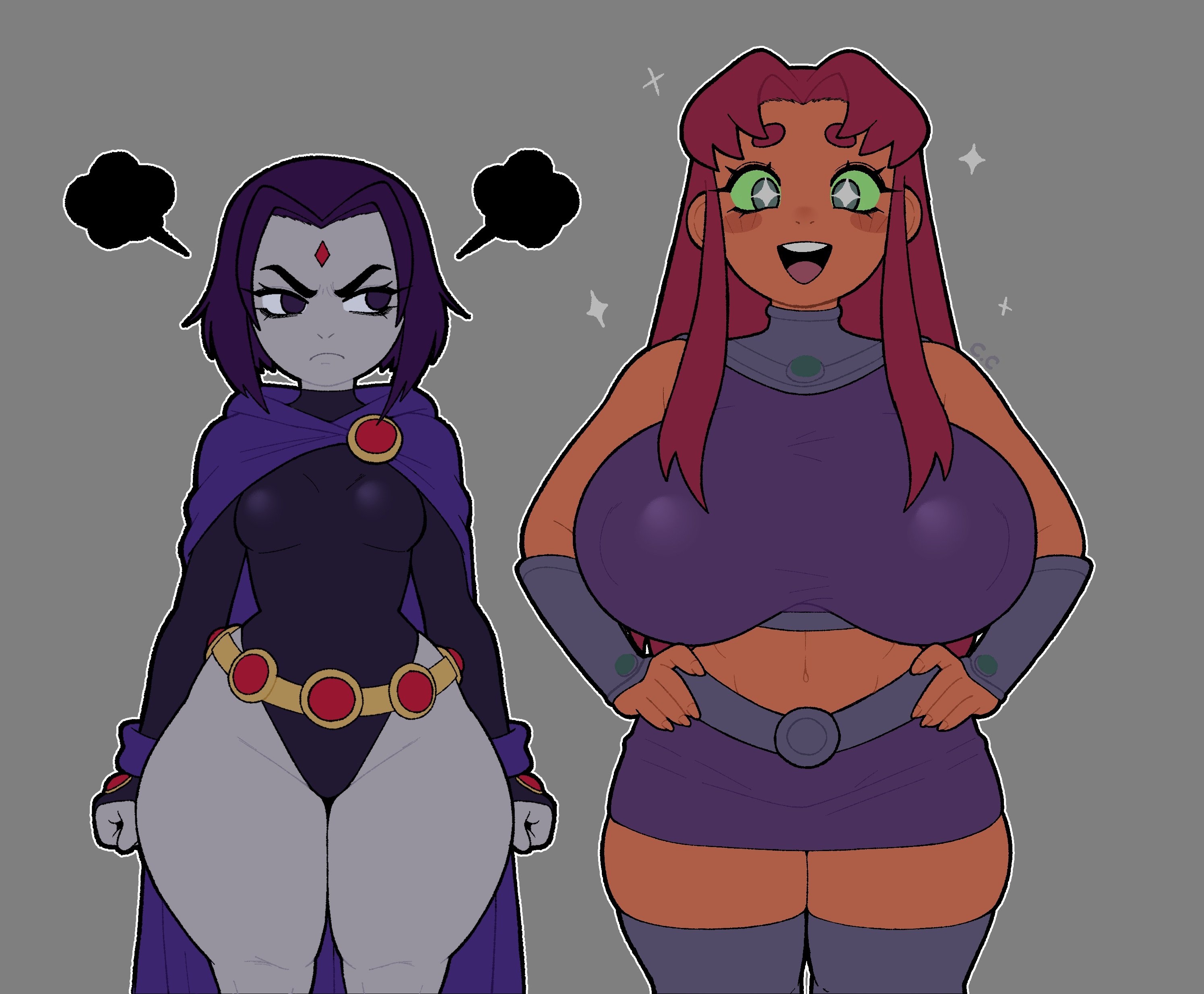 2girls, absurdres, black leotard, breast envy, breasts, cape, champchidi, colored sclera, colored skin, crop top, curvy, dc comics, forehead jewel, green eyes, green sclera, grey background, grey skin, highleg, highleg leotard, highres, huge breasts, leotard, long hair, looking at viewer, medium breasts, midriff, multiple girls, navel, open mouth, orange skin, purple cape, purple hair, purple skirt, raven (dc), red hair, short hair, simple background, skirt, sparkle, star (symbol), star-shaped pupils, starfire, symbol-shaped pupils, teen titans, teeth, thick thighs, thighs, upper teeth only, wide hips