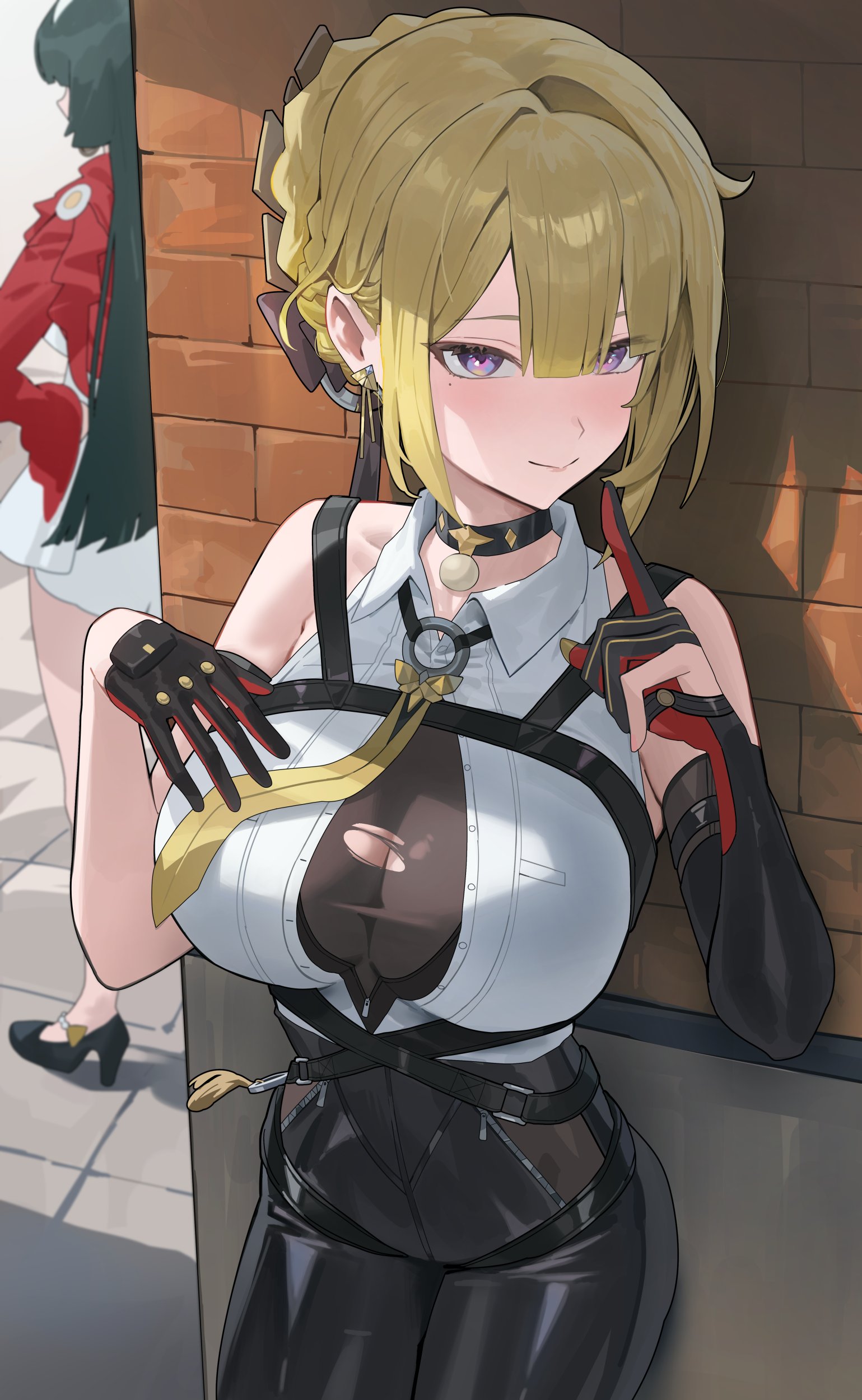 2girls, absurdres, astra yao, bare shoulders, black gloves, black hair, black pants, blonde hair, breasts, brick wall, closed mouth, collared shirt, commentary, dress, earrings, elbow gloves, evelyn chevalier, female, female only, gloves, hair ornament, half gloves, high heels, high-waist pants, highres, hood (james x), hood x art, index finger raised, jacket, jewelry, large breasts, looking at viewer, multiple females, multiple girls, necktie, no jacket, pants, purple eyes, red jacket, ring hair ornament, shirt, short hair, single elbow glove, single half glove, smile, solo focus, symbol-only commentary, tight clothes, tight pants, white dress, white shirt, wholesome, yellow necktie, zenless zone zero