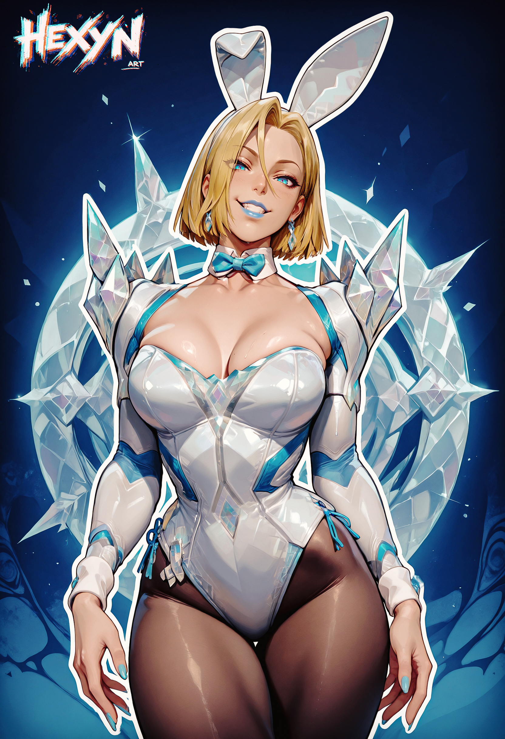 1girls, 2d, ai assisted, ai generated, blonde female, blonde hair, blue lipstick, blue nails, bob cut, bunnysuit, caucasian, caucasian female, detailed background, emma frost, emma frost (marvel rivals), female, female only, hexynart, leotard, looking at viewer, marvel, marvel comics, marvel rivals, smile, smiling, snowbunny, solo, thick thighs, x-men