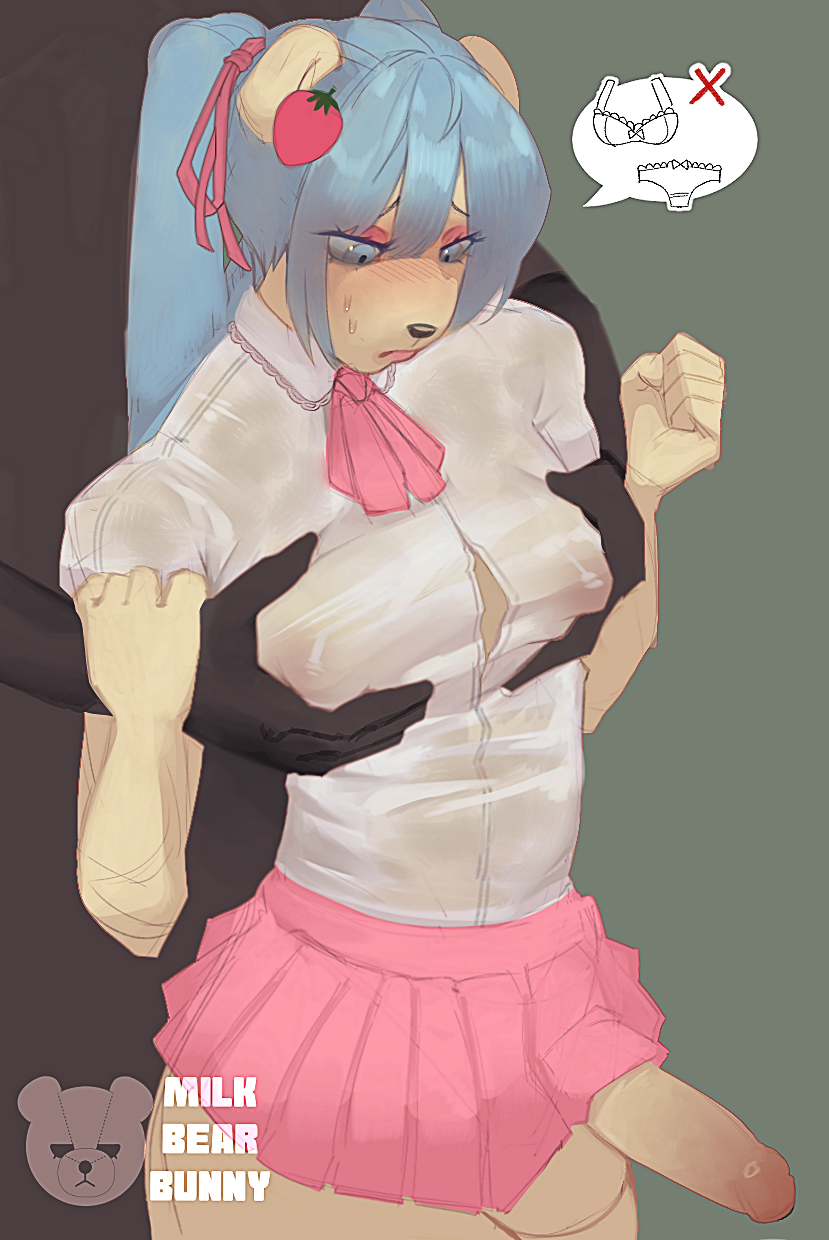 anthro, balls, bear, blue eyes, blue hair, bodily fluids, bottomwear, brown body, brown fur, clothed, clothing, crossdressing, duo, faceless character, femboy, fur, gay, gay male, genitals, gigi (milkbearbunny), green background, hair, hi res, humanoid genitalia, humanoid penis, makeup, male, male/male, mammal, milkbearbunny, nervous, nervous sweat, nipples, pec squeeze, penis, pouting, pouting lips, pouty, shirt, simple background, size difference, skirt, smaller anthro, smaller male, submissive, submissive anthro, submissive male, sweat, topwear, trans woman, translucent, translucent clothing, translucent shirt, translucent topwear, twintails (hairstyle), yaoi