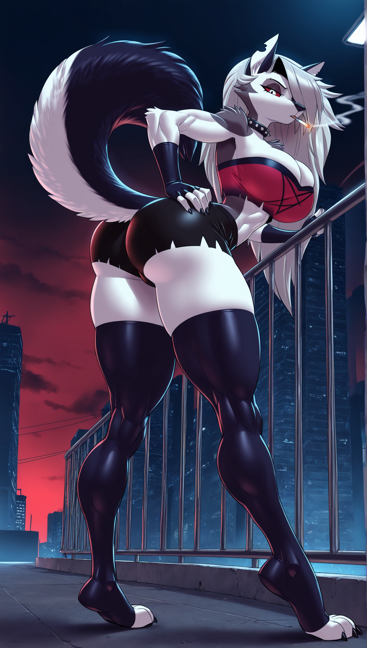 1girls, ai generated, anthro, ass, big ass, big breasts, breasts, canid, canine, canis, cigarette, cigarette in mouth, city background, clothed, clothed female, clothing, crop top, demon, demon girl, ear piercing, ears, female, fingerless gloves, fit, fit female, furry, goth, goth girl, grey body, grey fur, grey hair, hair over one eye, hand on hip, hellhound, helluva boss, huge ass, huge breasts, leaning on railing, long hair, looking at viewer, looking back, loona (helluva boss), muscular, muscular arms, muscular female, mythological canine, mythological creature, night, night sky, no bra, notched ear, outdoors, outside, railing, red sclera, shirt, shorts, smoking, smoking cigarette, spiked collar, standing, surikat, tail, thick thighs, thighhighs, two-tone body, two-tone fur, two-tone tail, white body, white eyes, white fur, wide hips, wolf, wolf ears, wolf girl, wolf tail