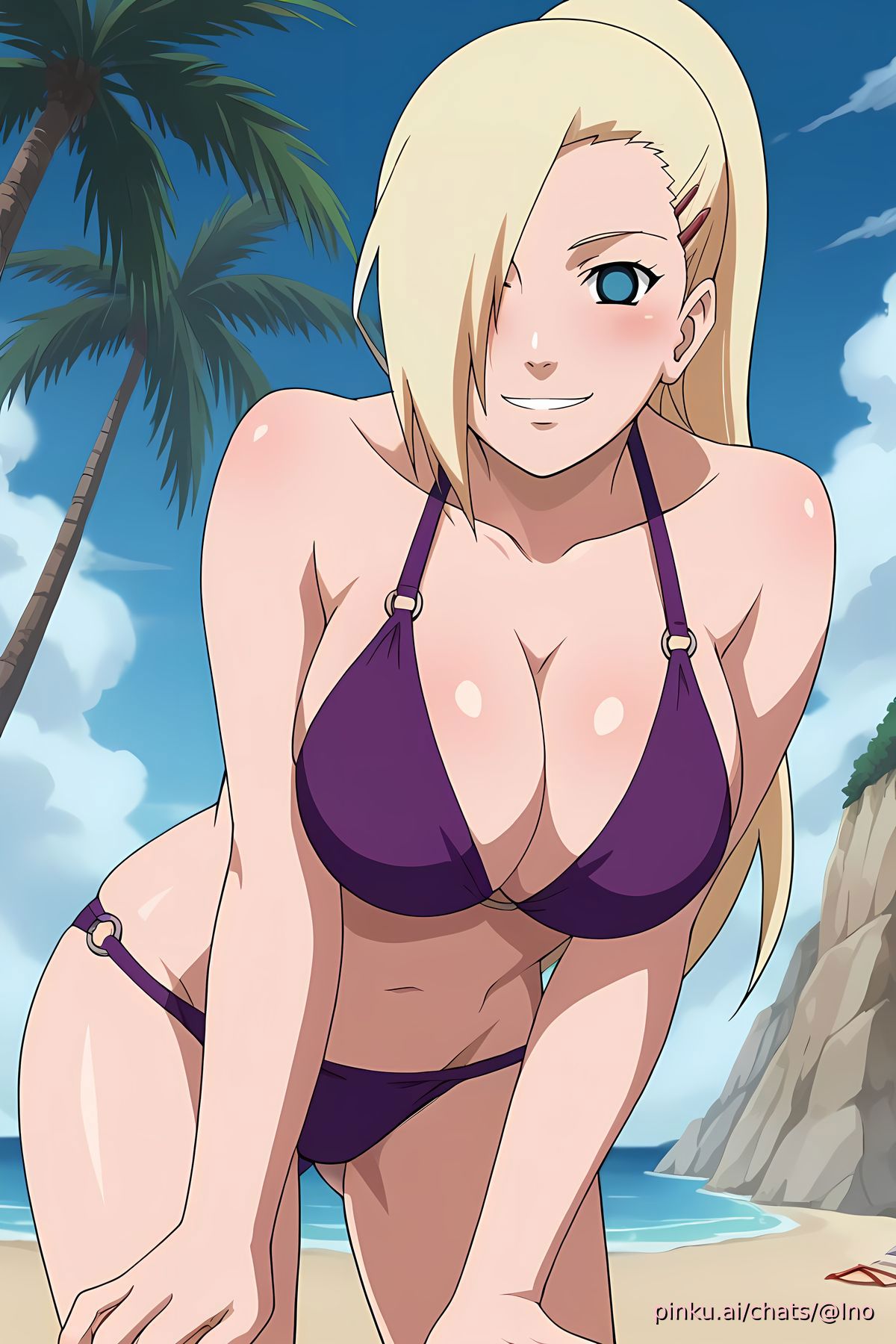 1girls, ai generated, beach, bikini, female, female only, ino yamanaka, looking at viewer, naruto, naruto (series), purple bikini, solo, yellow hair