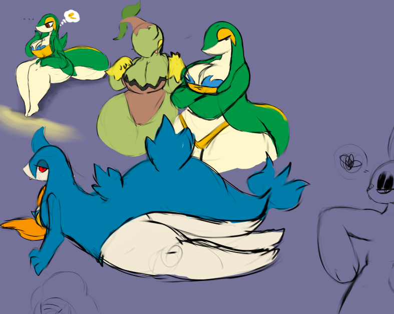 anthro anthrofied artesjsc big_breasts breasts cleavage female grotle huge_breasts pokémon_(species) pokemon servine shiny_pokemon shiny_servine sketch_page snivy tagme thick_thighs wide_hips