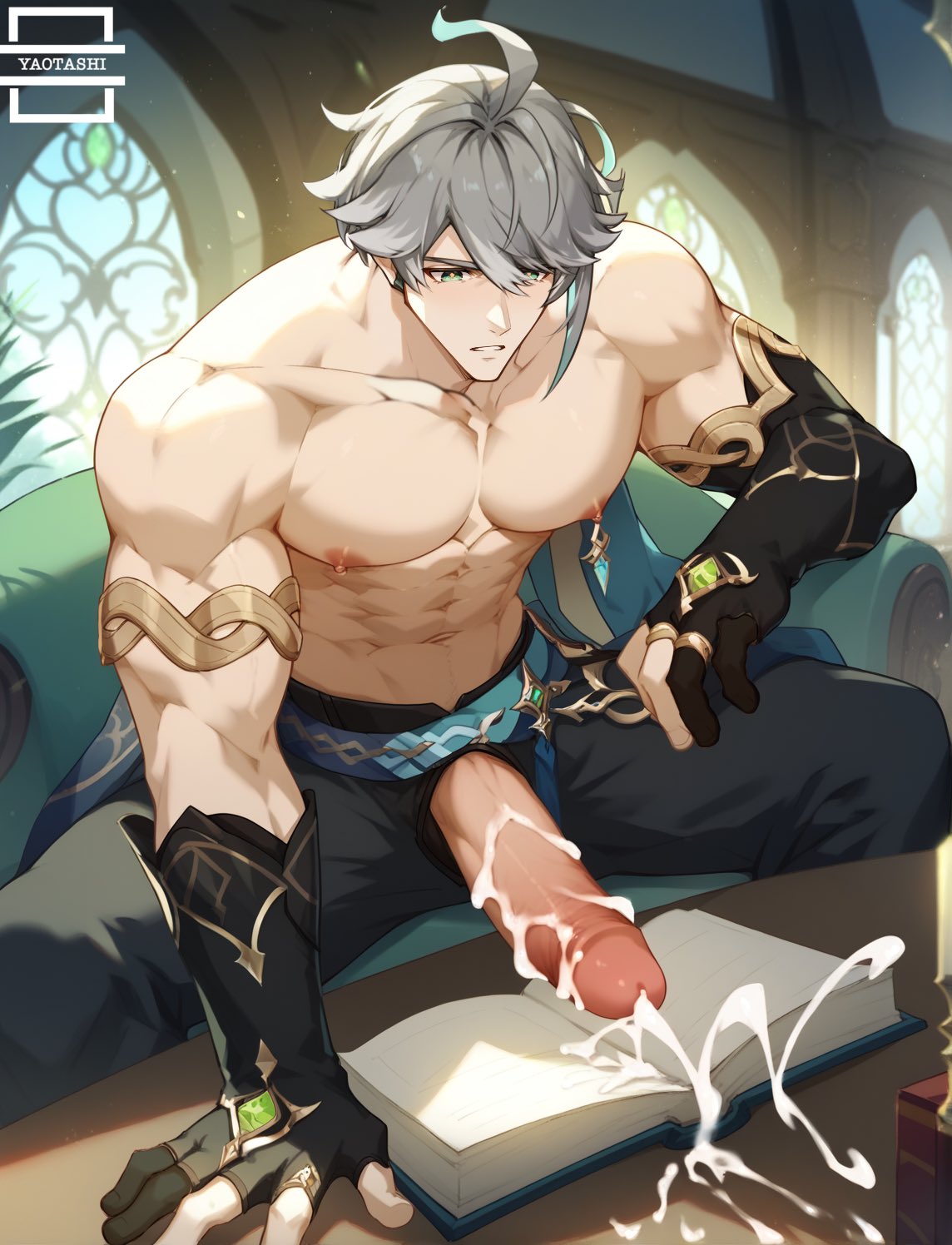 1boy, abs, ahoge, ai generated, alhaitham (genshin impact), armlet, bangs, bara, black gloves, black pants, book, cum, ejaculation, elbow gloves, erection, fingerless gloves, genshin impact, gloves, green eyes, grey hair, indoors, large pectorals, male, male focus, male only, muscular, navel, nipples, pants, pectorals, penis, projectile cum, short hair, sitting, solo, spread legs, stomach, topless male, uncensored, yaoi, yaotashi