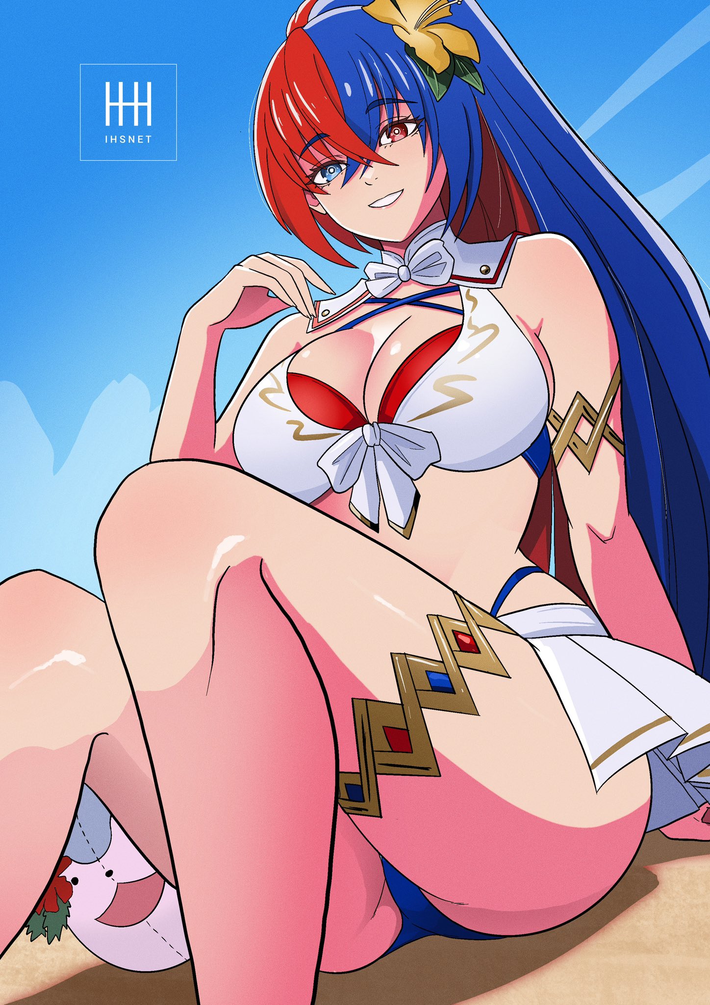 1girls, alear (female) (seaside dragon) (fire emblem), alear (fire emblem), alear (fire emblem) (female), alluring, big breasts, bikini, blue bikini, breasts, cleavage, criss-cross halter, crossed bangs, female, fire emblem, fire emblem engage, fire emblem heroes, gold armlet, gold thighlet, halterneck, heterochromia, high res, ihsnet, intelligent systems, long hair, multicolored bikini, multicolored hair, nintendo, official alternate costume, official alternate hairstyle, ponytail, red and blue hair, red bikini, showgirl skirt, split-color hair, swimsuit, two-tone hair, very long hair, white bikini