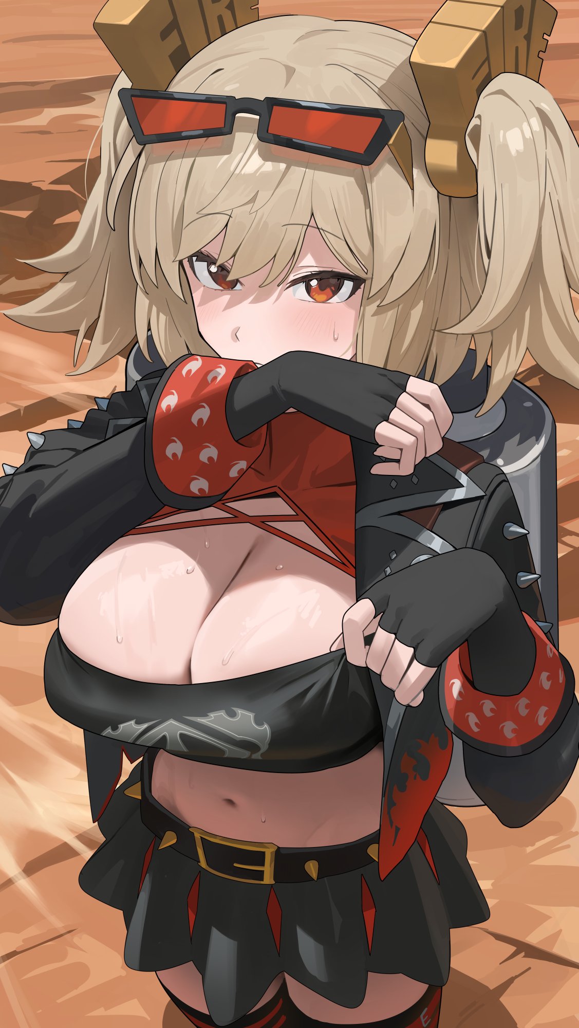 belt, belted skirt, black belt, black gloves, black jacket, black skirt, black tube top, blonde hair, breasts, burnice white, cleavage, crop top, eyewear on head, female, female only, fingerless gloves, from above, gloves, highres, hood (james x), hood x art, hoyoverse, jacket, large breasts, navel, on ground, red eyes, red-tinted eyewear, skirt, solo, spiked jacket, stomach, strapless, sweat, sweatdrop, tinted eyewear, tube top, two side up, wholesome, zenless zone zero