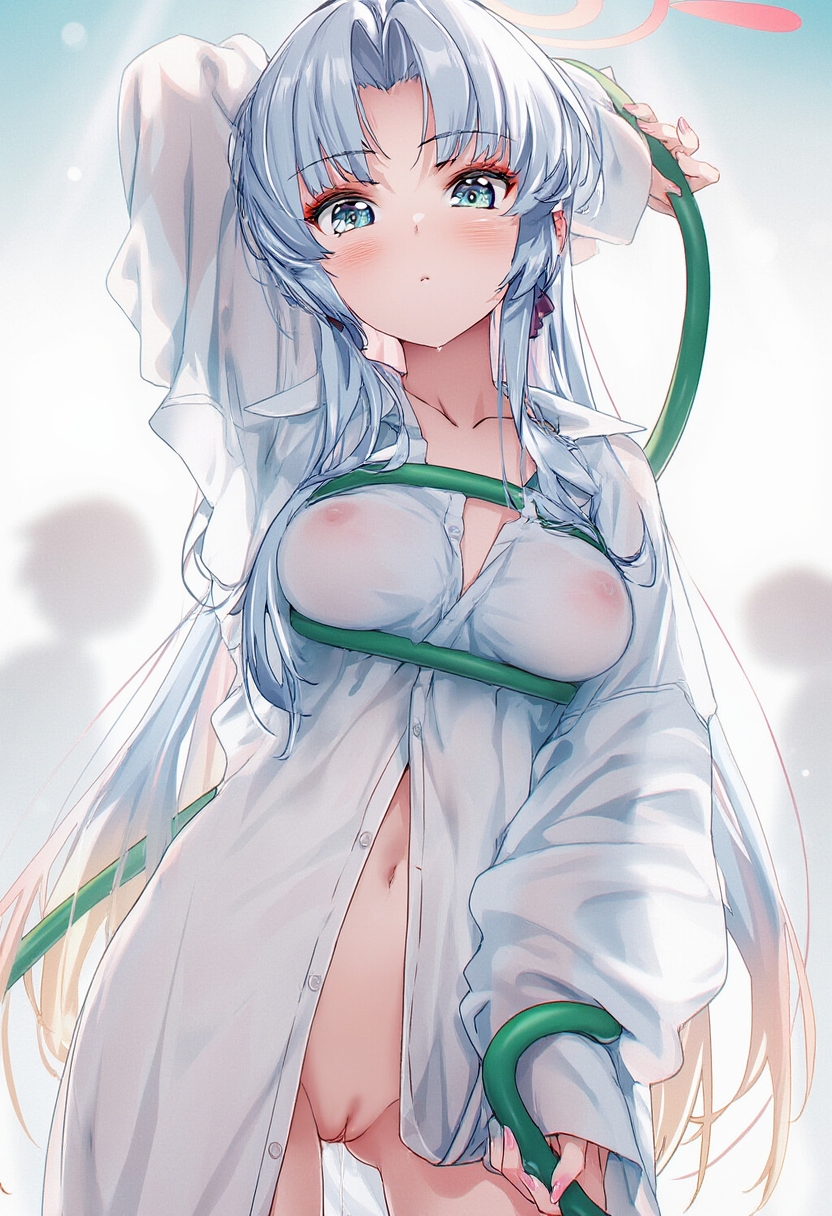 ai_generated carlotta_(wuthering_waves) hose nipples_visible_through_clothing no_panties pussy_out raaicave translucent_clothing white_hair wrapped_around_object wuthering_waves