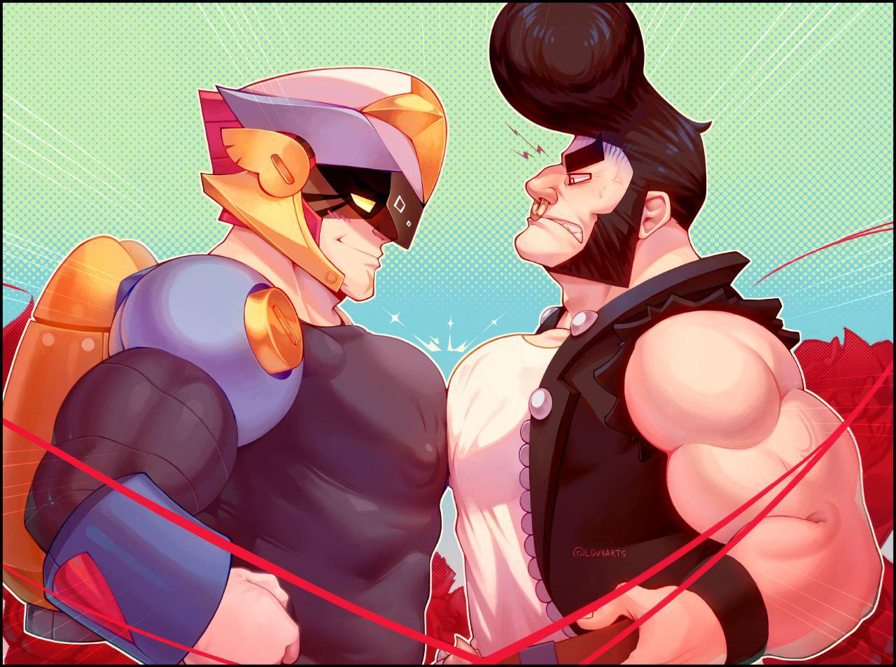 artist request, astral colt (brawl stars), black hair, boobs bigger than head, brawl stars, breasts, bull (brawl stars), colt (brawl stars), gay, male, male only, red hair